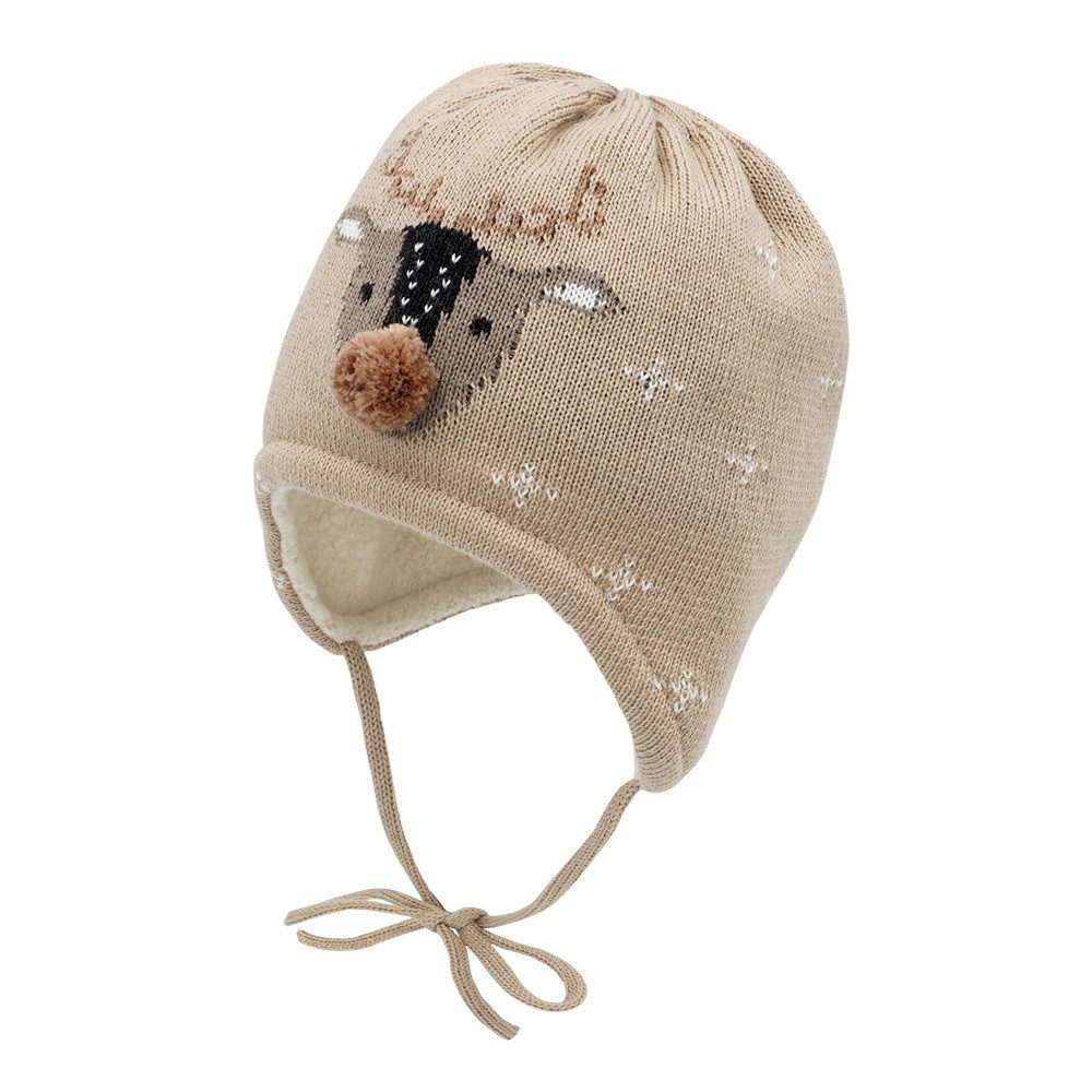 MAXIMO Strickmütze GOTS BABY-Mütze, ausgenäht Rentier-Jacquard, Teddyfutter, Minipompon (1-St)