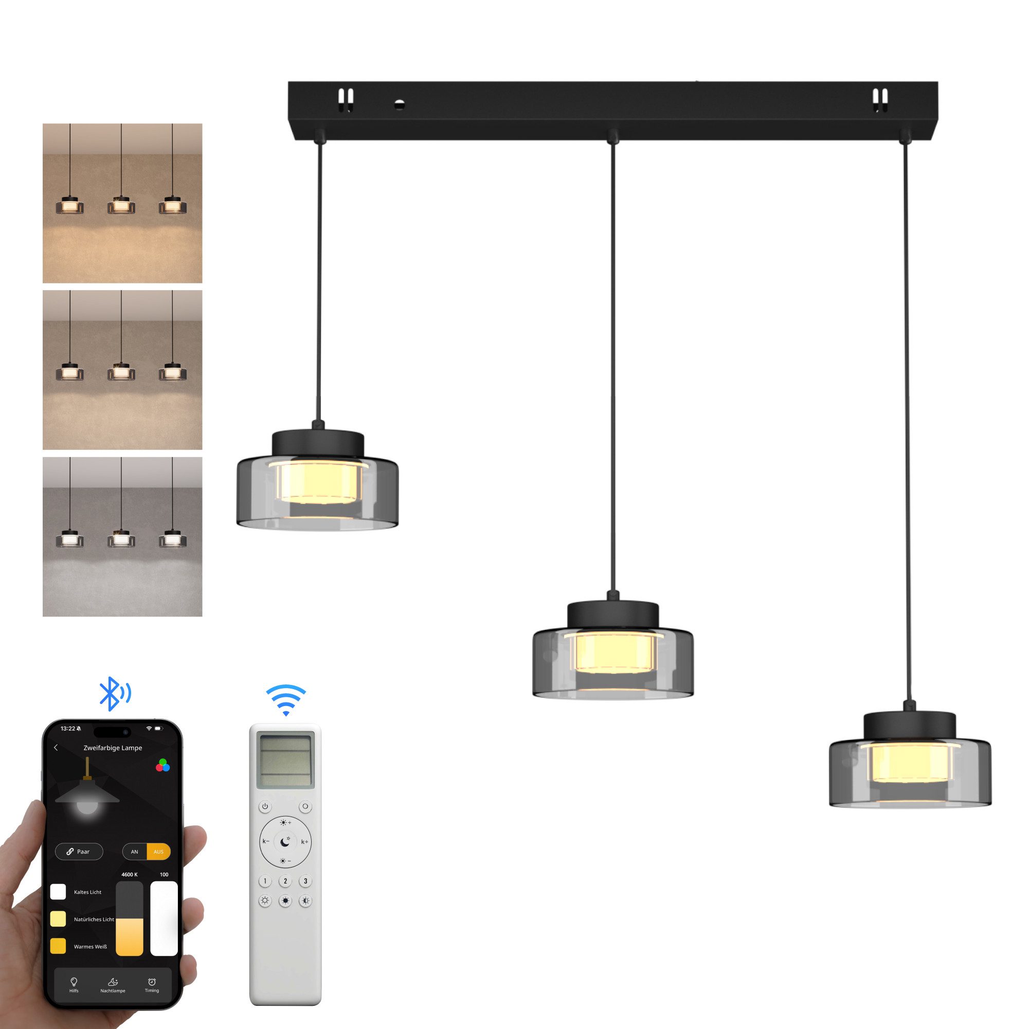 doporro LED Pendelleuchte Hängeleuchte LED Kronleuchter Höhenverstellbar mit 3 Farbtemperaturen, LED-Deckenlampe