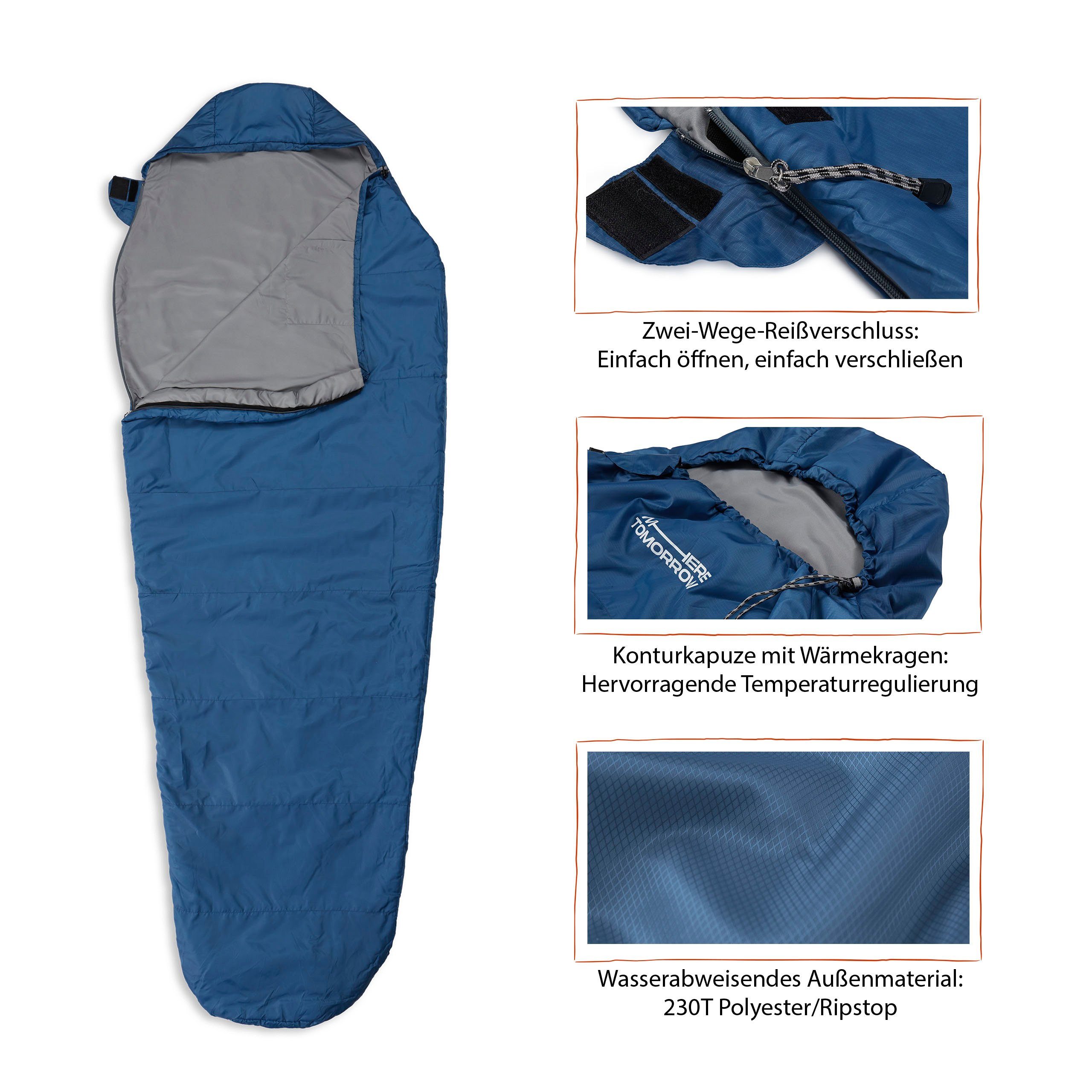 Lumaland Mumienschlafsack Camping 220x80x50, Schulterbereich royalblau wasserabweisend -5°C Where Outdoor Camping Wärmekragen im Schlafsack Tomorrow