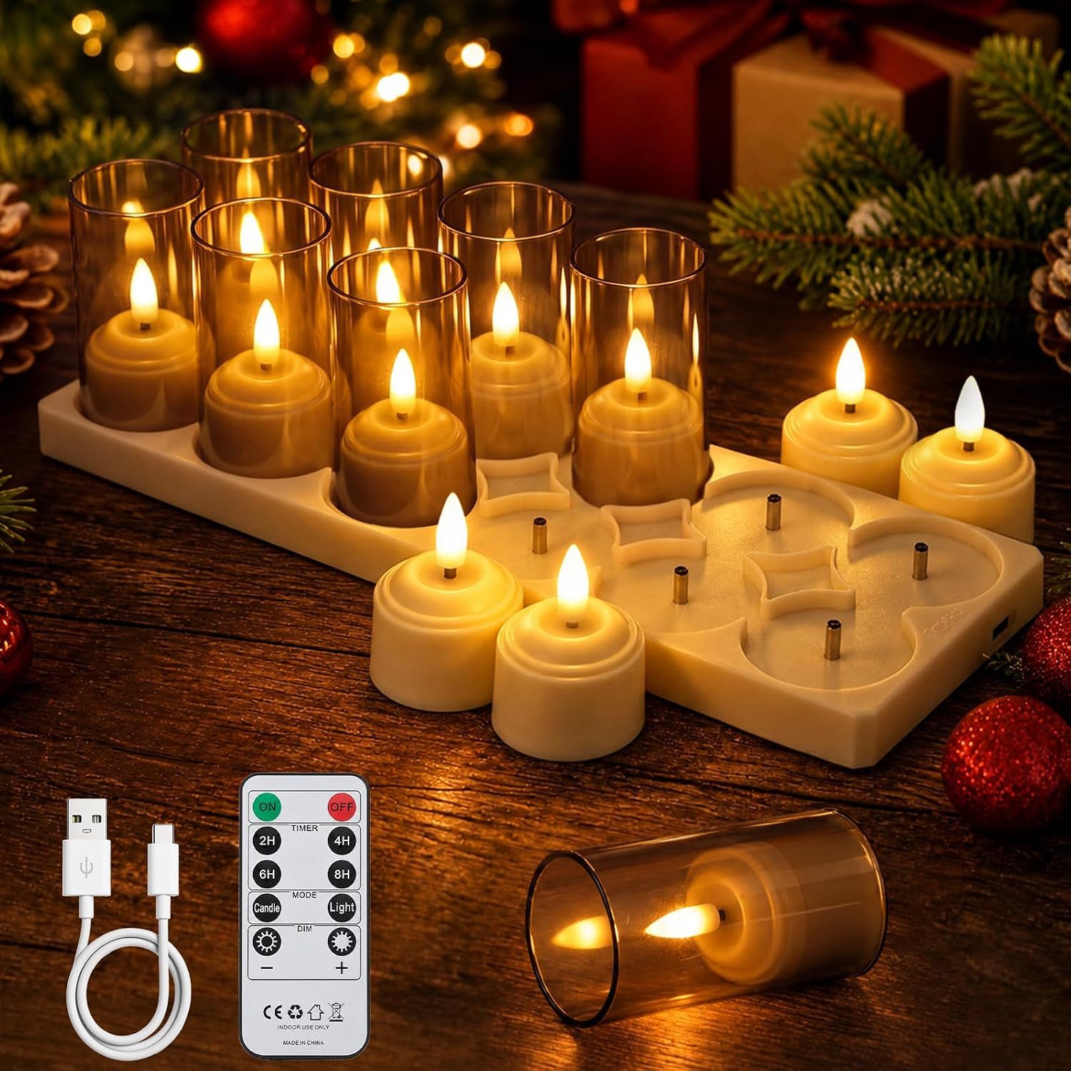 GarveeMore LED-Teelichter wiederaufladbar, mit Ladestation und Fernbedienung, Timer, LED fest integriert, mit 3D-Flamme flackernd