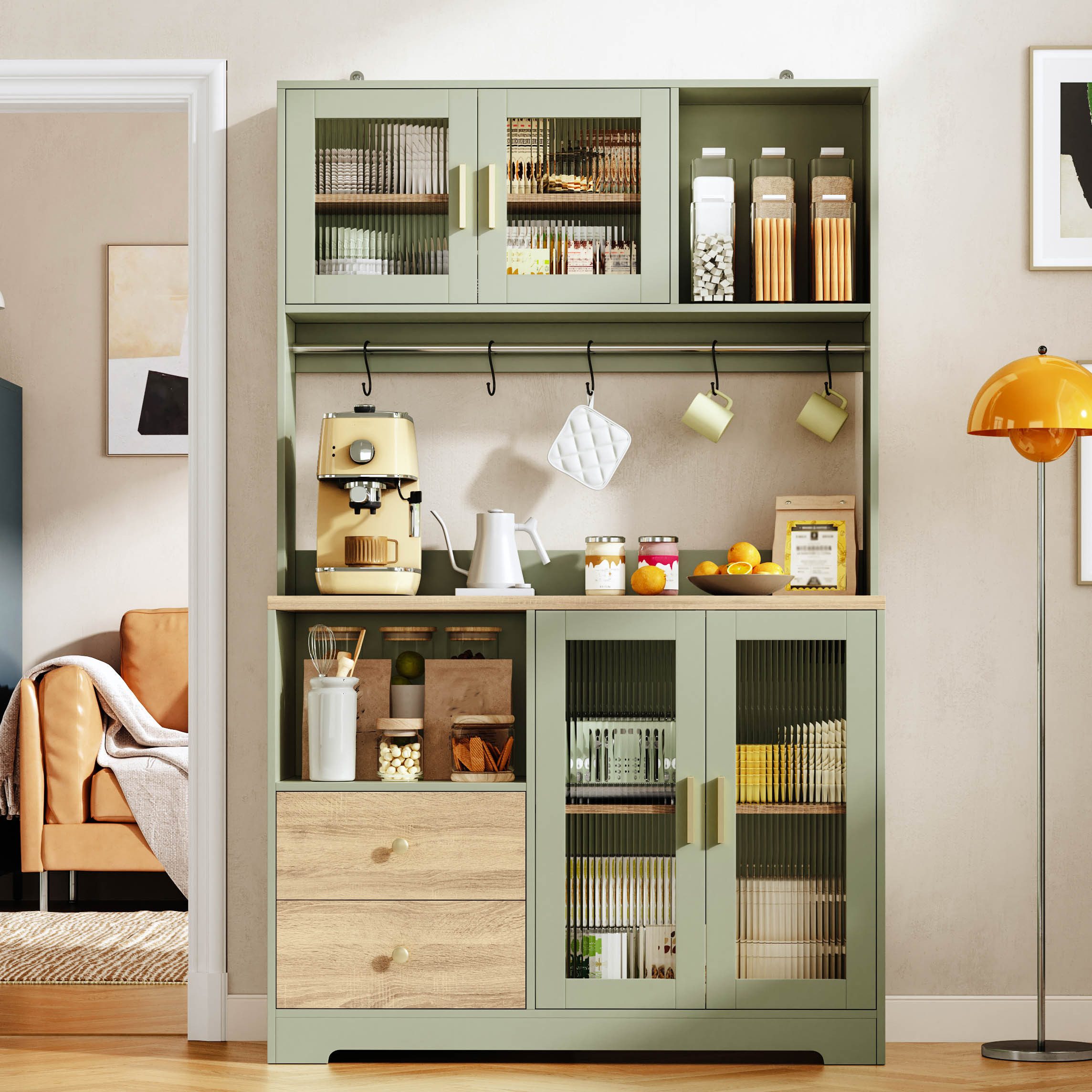 Celya Hochschrank Küchenschrank Küchenregal mit Steckdose und RGB-Beleuchtung (mit Tür aus Sicherheitsglas, Weinregal, verstärkter Arbeitsplatte)