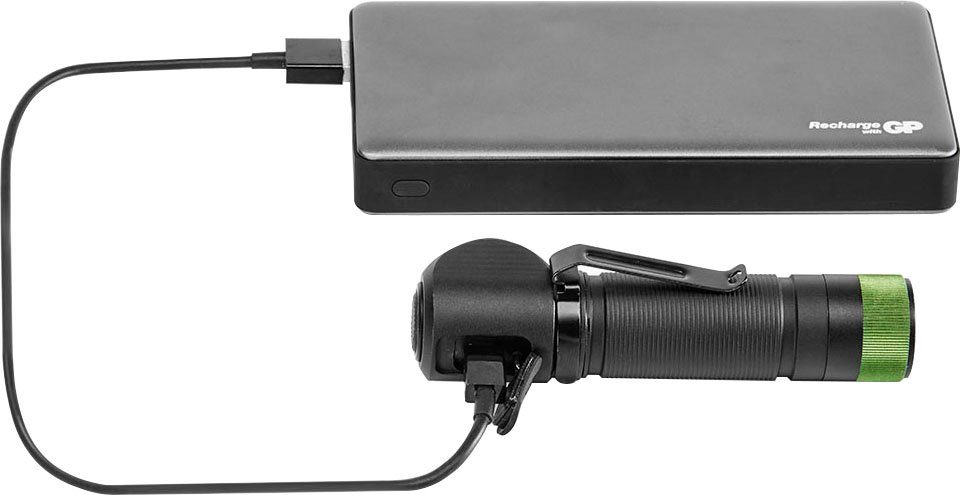 Stirnlampe GP CHR35, Lumen, Wiederaufladbar, Li-Ion Discovery Batteries Ladekabel Akku GP 18650 inkl. USB 600 + Discovery