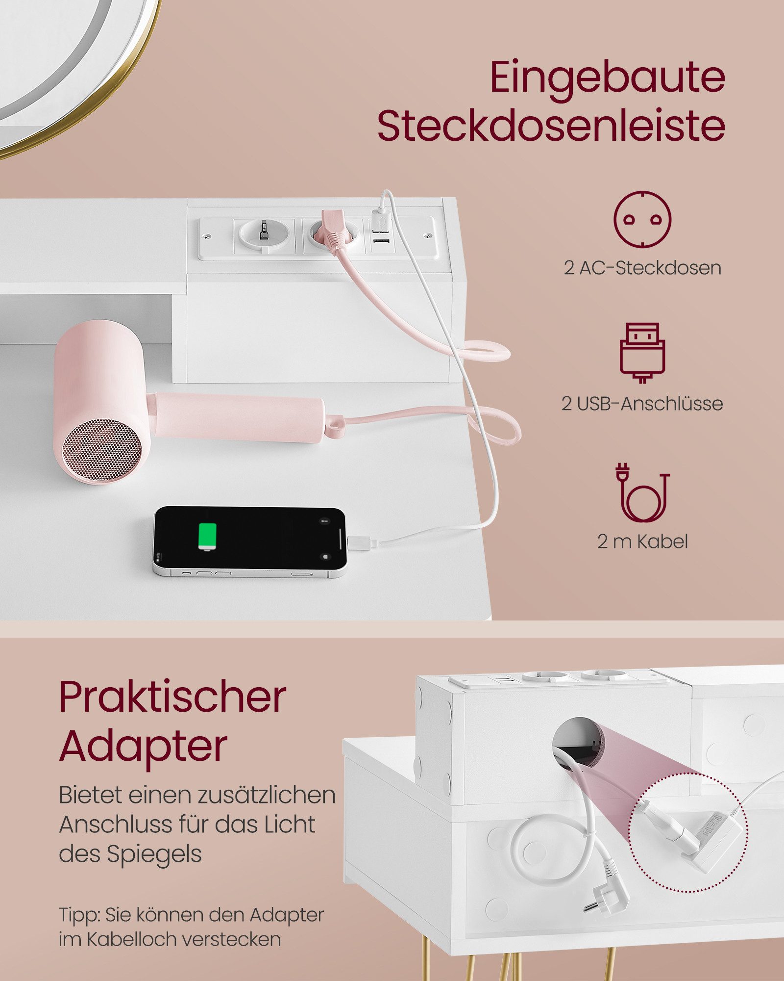 VASAGLE Schminktisch Kosmetiktisch mit Beleuchtung, Steckdosenleiste, Spiegel (1 Tisch mit Hocker), Frisiertisch,40 x 80 x 134,8cm,mit Schubladen,gepolsterter S – Bild 4 von 5
