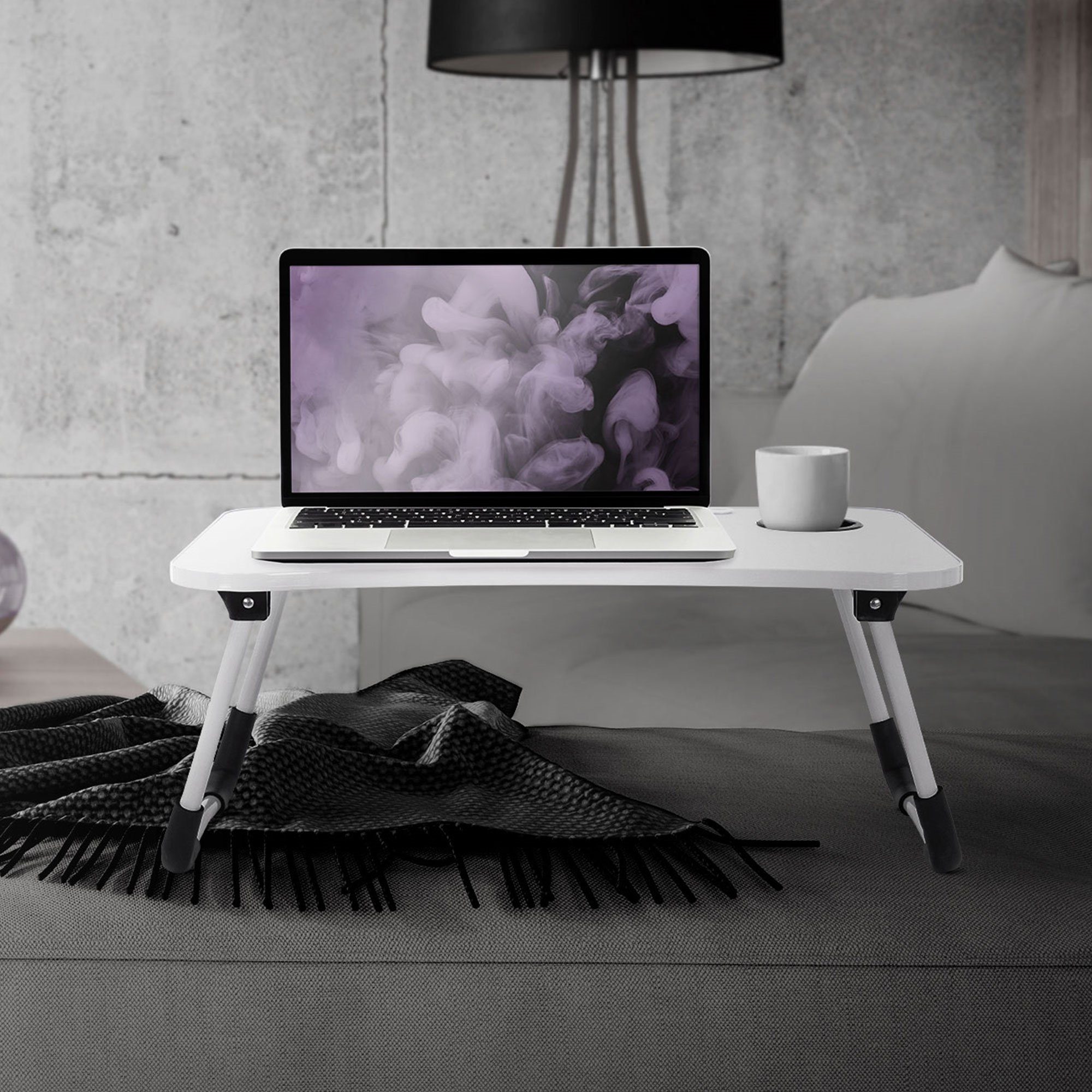 ML-DESIGN Laptoptisch Betttisch klappbar mit 4 USB Ladeanschluss für Bett/Sofa, Notebook Tisch Weiß mit Getränkehalter und USB-Lampe 60x40x25cm