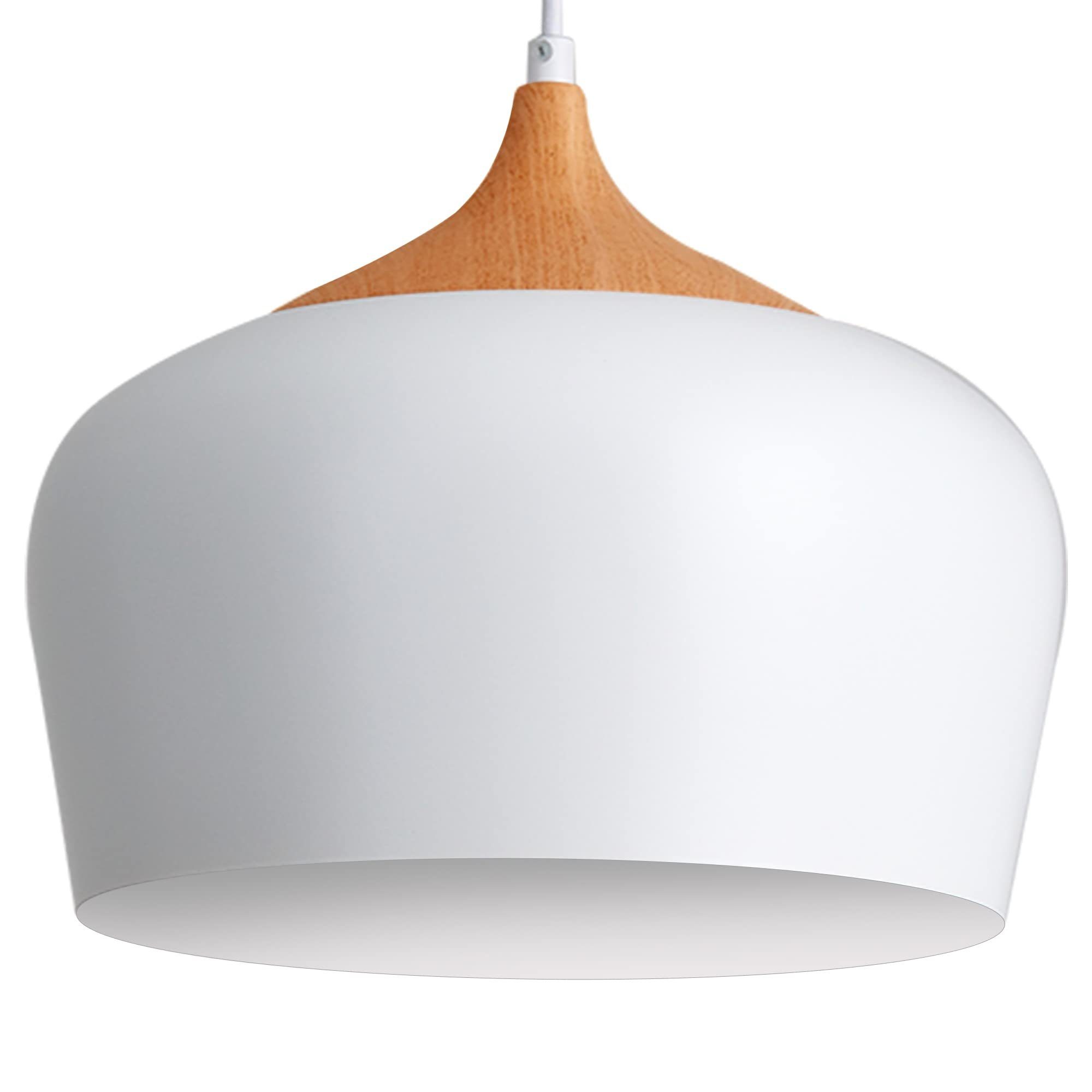 JDONG Pendelleuchte Weiß mit Holzelement Esszimmer Lampe Hängelampe E27 Höhenverstellbar, ohne Leuchtmittel, Skandinavischen Modern Hängelampe für Esstisch Wohnzimmer