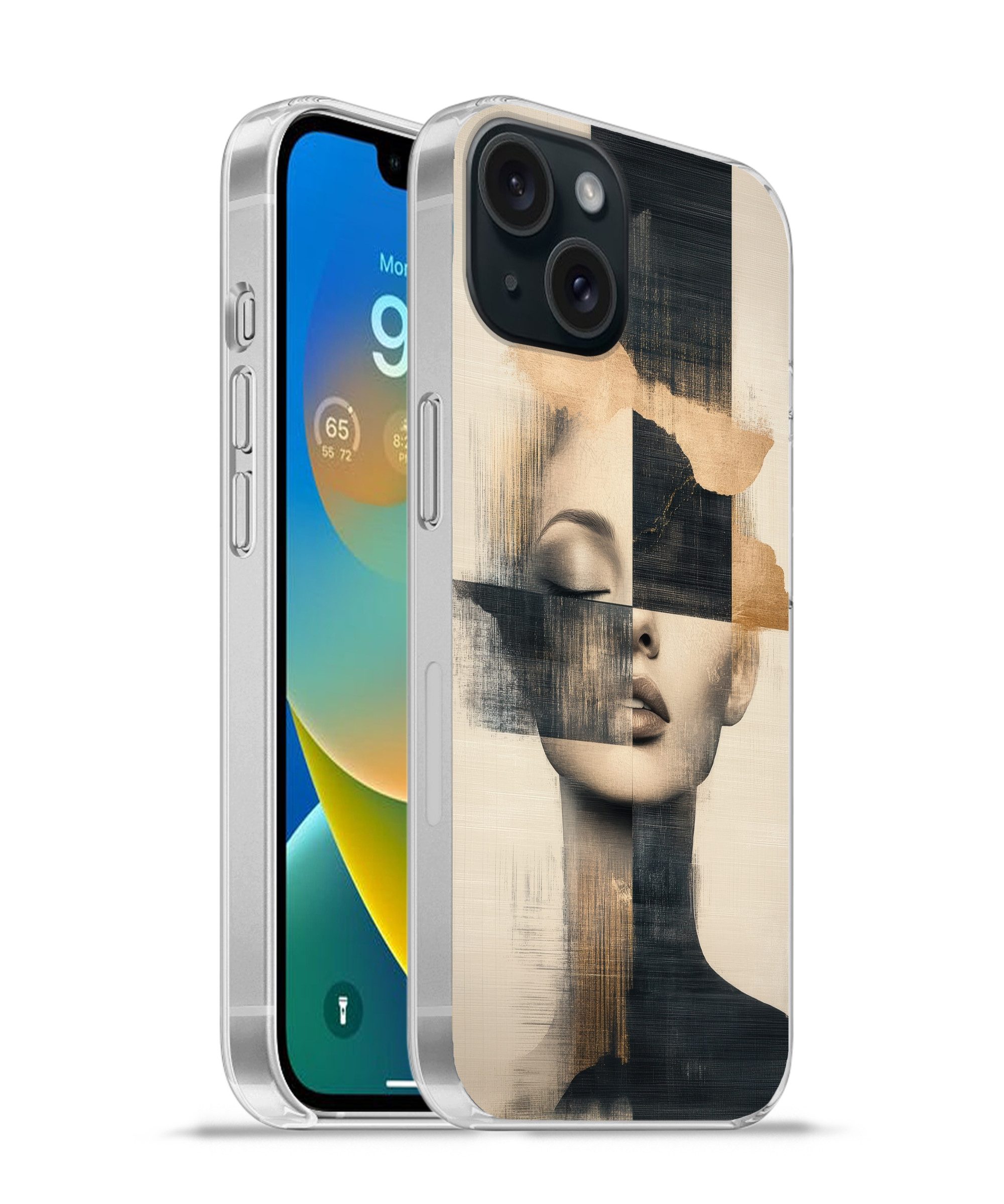 MuchoWow Handyhülle für Apple iPhone 15 Gold - Frau - Rechtecke, Smartphone-Bumper, Print, Handy Schutzhülle Dünn