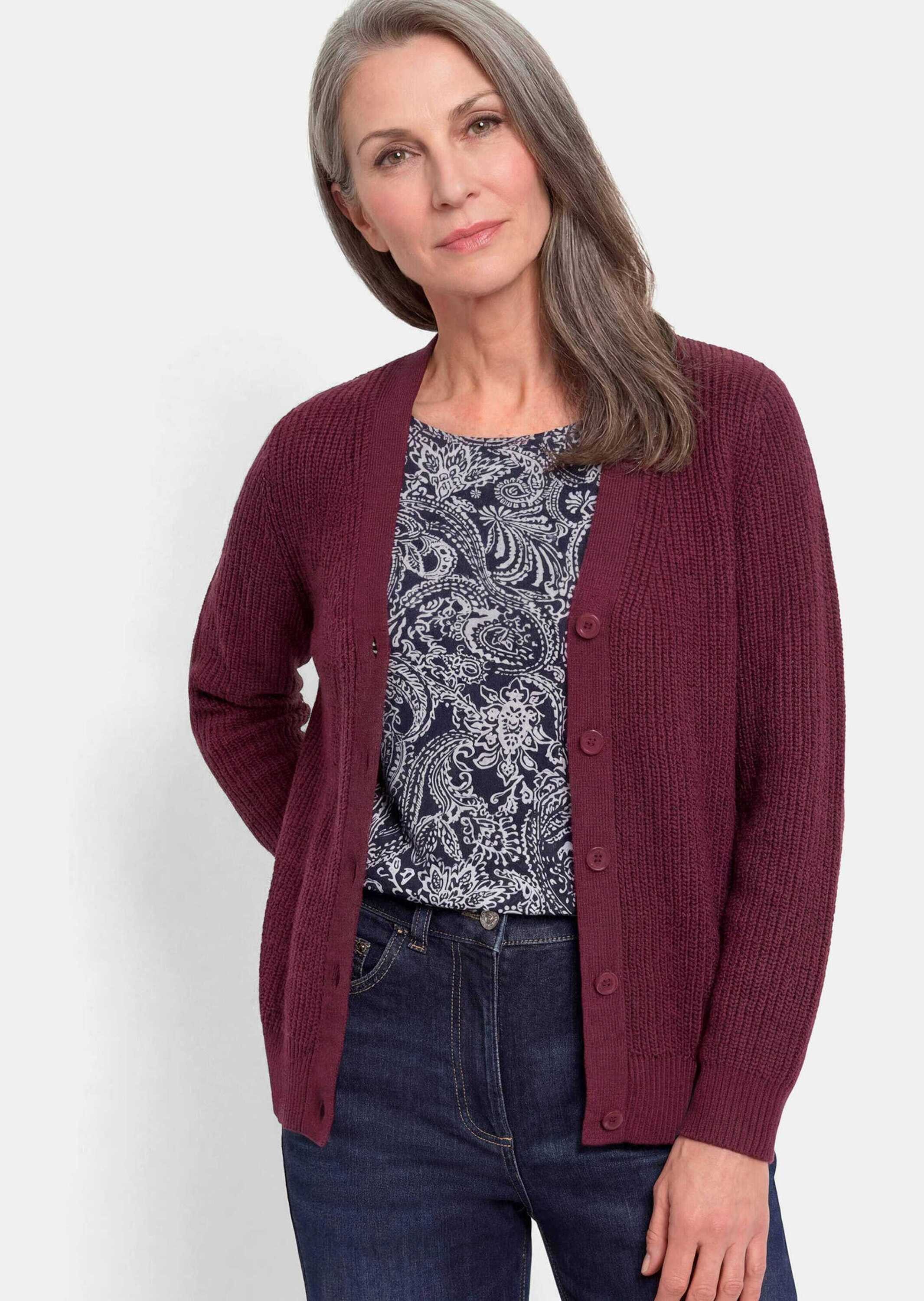 GOLDNER Strickjacke Kurzgröße: Elegante Strickjacke mit V-Ausschnitt Kurzjacke mit Rippstruktur, Knopfleiste und Langarm