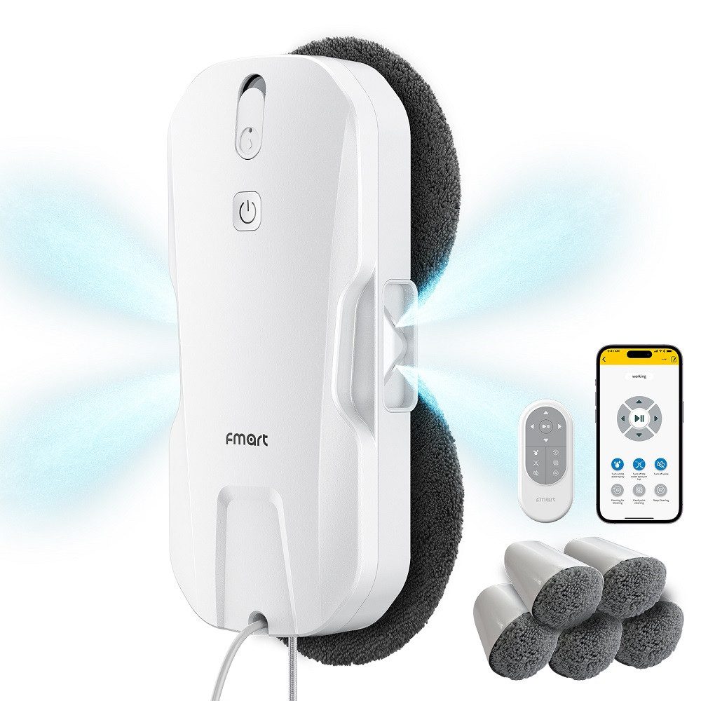 Fmart Fenstersauger T11, 5300 Pa Saugkraft, mit 100ml Wassertank und 4m Sicherheitsseil, 4-Wege-Ultraschallspray, intelligenter Navigation, Fernbedienung.