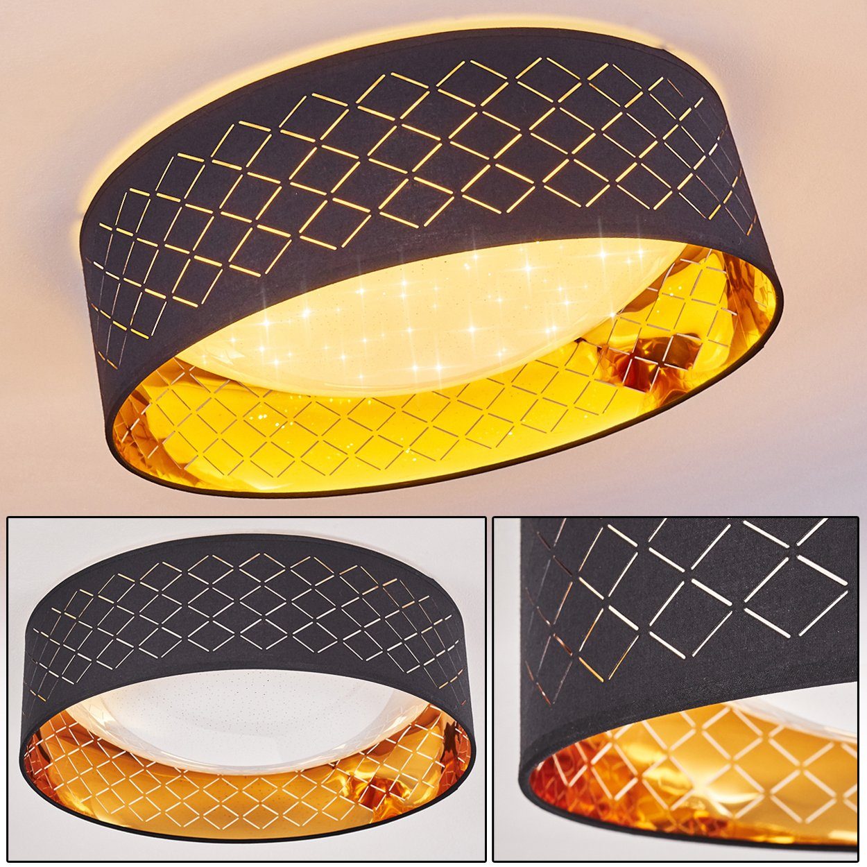 hofstein Deckenleuchte LED Design Decken Beleuchtung Stoff schwarz/gold Flur Wohn Schlaf