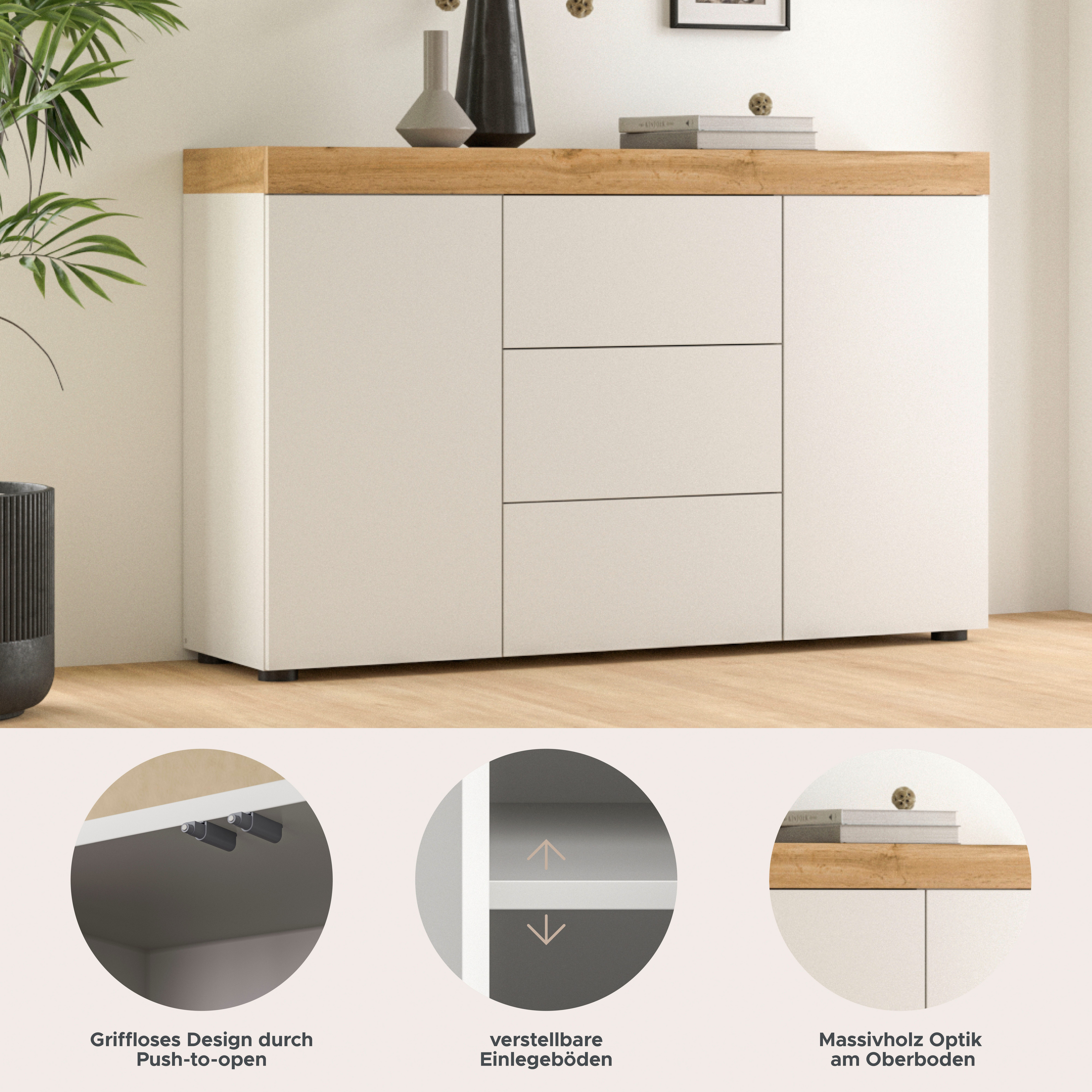 OTTO home Sideboard MAMBO, TOPSELLER!, Breite 125cm, 2 Türen, 3 Schubkästen, push-2-open (1 St., 2 farbige Ausführung, in verschiedenen Farben erhältlich), Sideboard, Kommode, Wohnzimmer, Flur, Arbeitszimmer