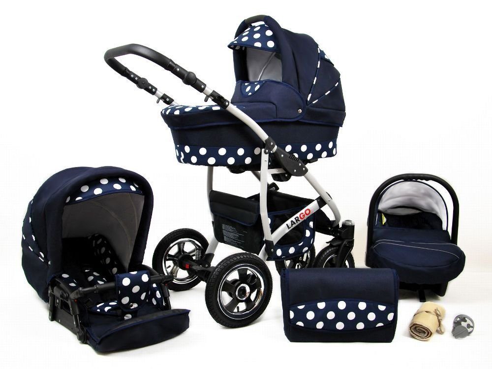 Kinder Kinderwagen Raf-Pol Kombi-Kinderwagen Kinderwagen Largo, 3in1- Set Wanne Buggy Babyschale Autositz mit Zubehör Blue Dots,