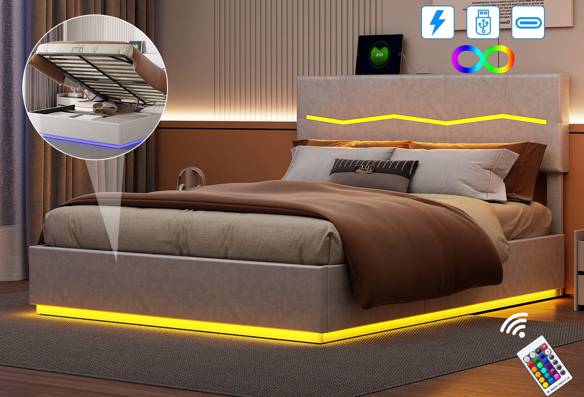 FUROKOY Polsterbett Doppelbett Stauraumbett mit USB+Type günstig online kaufen