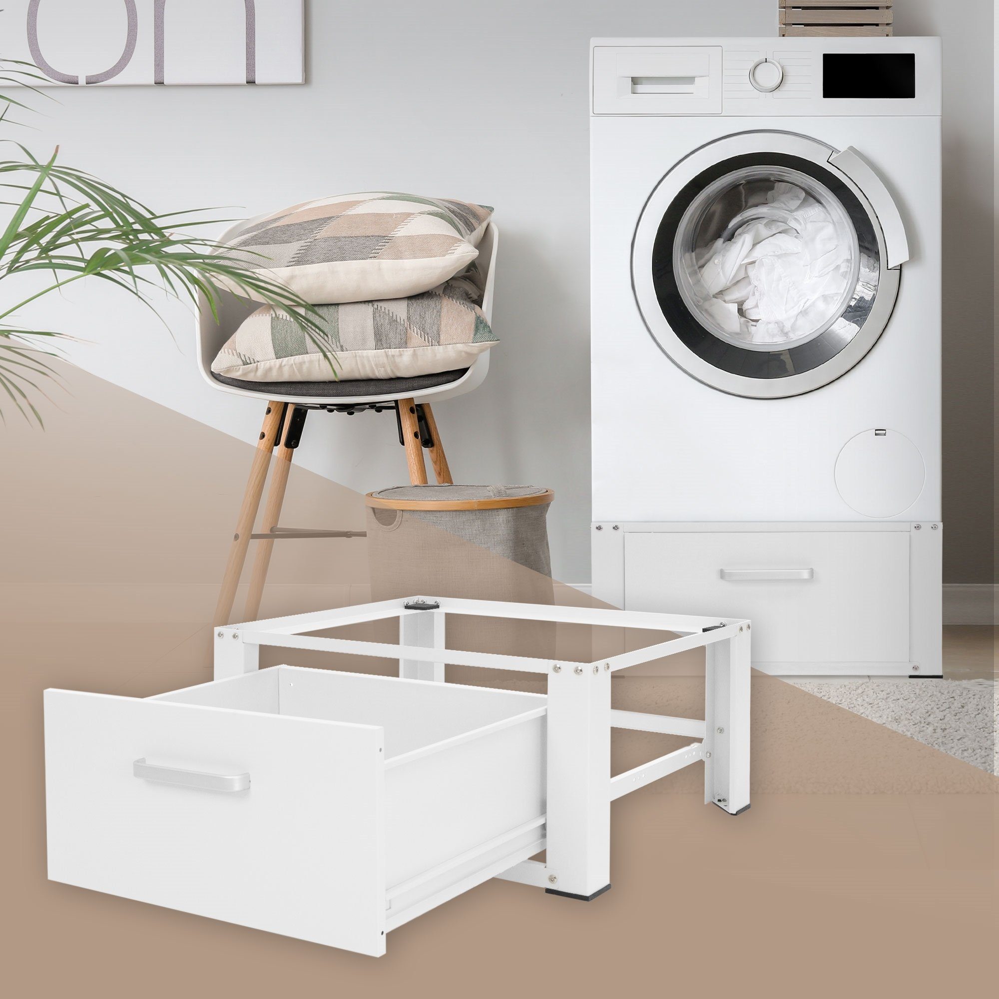 ML-DESIGN Waschmaschinenuntergestell Waschmaschinen Untergestell mit  Schublade 63x54cm Weiß aus Stahl