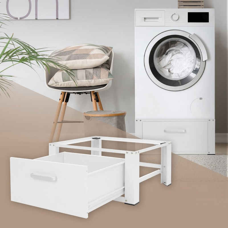 ML-DESIGN Waschmaschinenuntergestell Waschmaschinenznterschrank Waschmaschinensockel Erhöhung Unterbau, Stahl Weiß mit Ablage 63x54cm bis 150kg Stabil 31,5cm hohes Podest