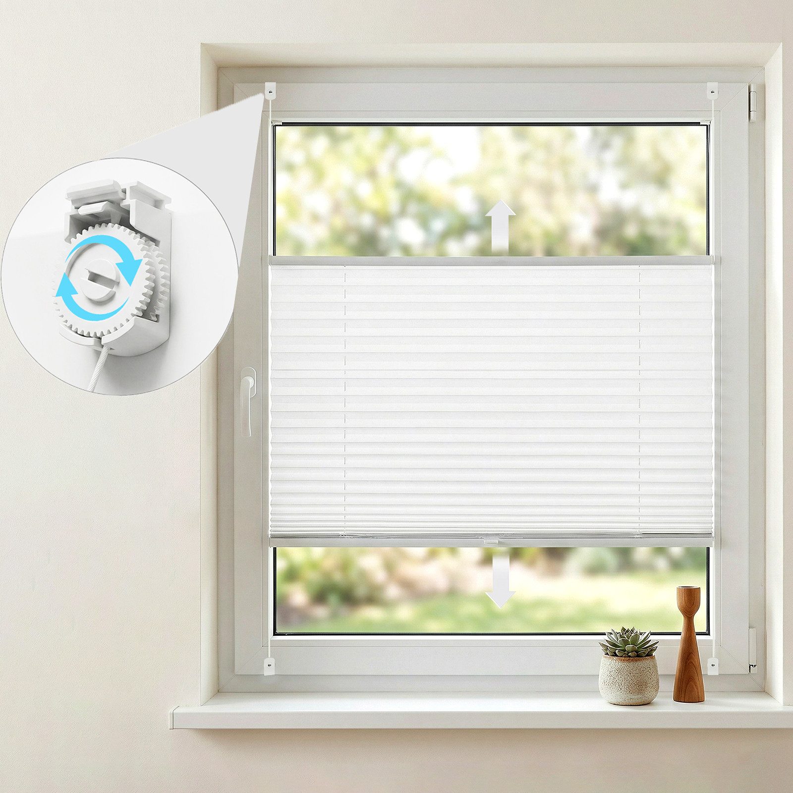 Sekey Plissee Plissee ohne Bohren – Klemmfix Fenster Plissee verstellbarer Spannung, freihängend, Klemmfix, 4 Schnurspanner zur Anpassung, verstärkten 1,5 cm Alu-Schiene, Weiß