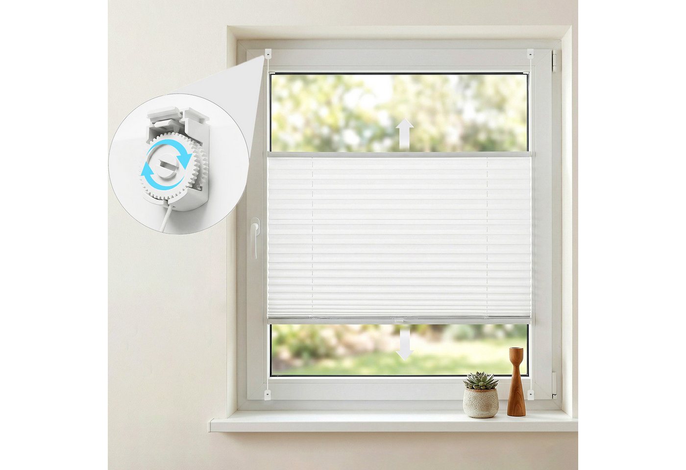 Sekey Plissee Plissee ohne Bohren – Klemmfix Fenster Plissee verstellbarer Spannung, freihängend, Klemmfix, 4 Schnurspanner zur Anpassung, verstärkten 1,5 cm Alu-Schiene, Weiß