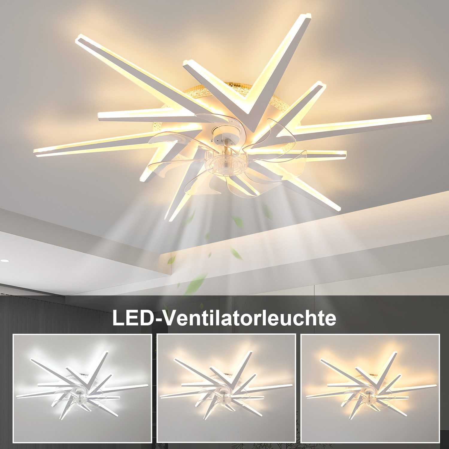 oyajia Deckenleuchte Leise Deckenventilator mit Beleuchtung, 78W LED Deckenleuchte 5800LM, LED fest integriert, Warmweiß, Naturweiß, Kaltweiß, LED Deckenleuchte mit Ventilator, 7 Lichter Design Deckenventilator