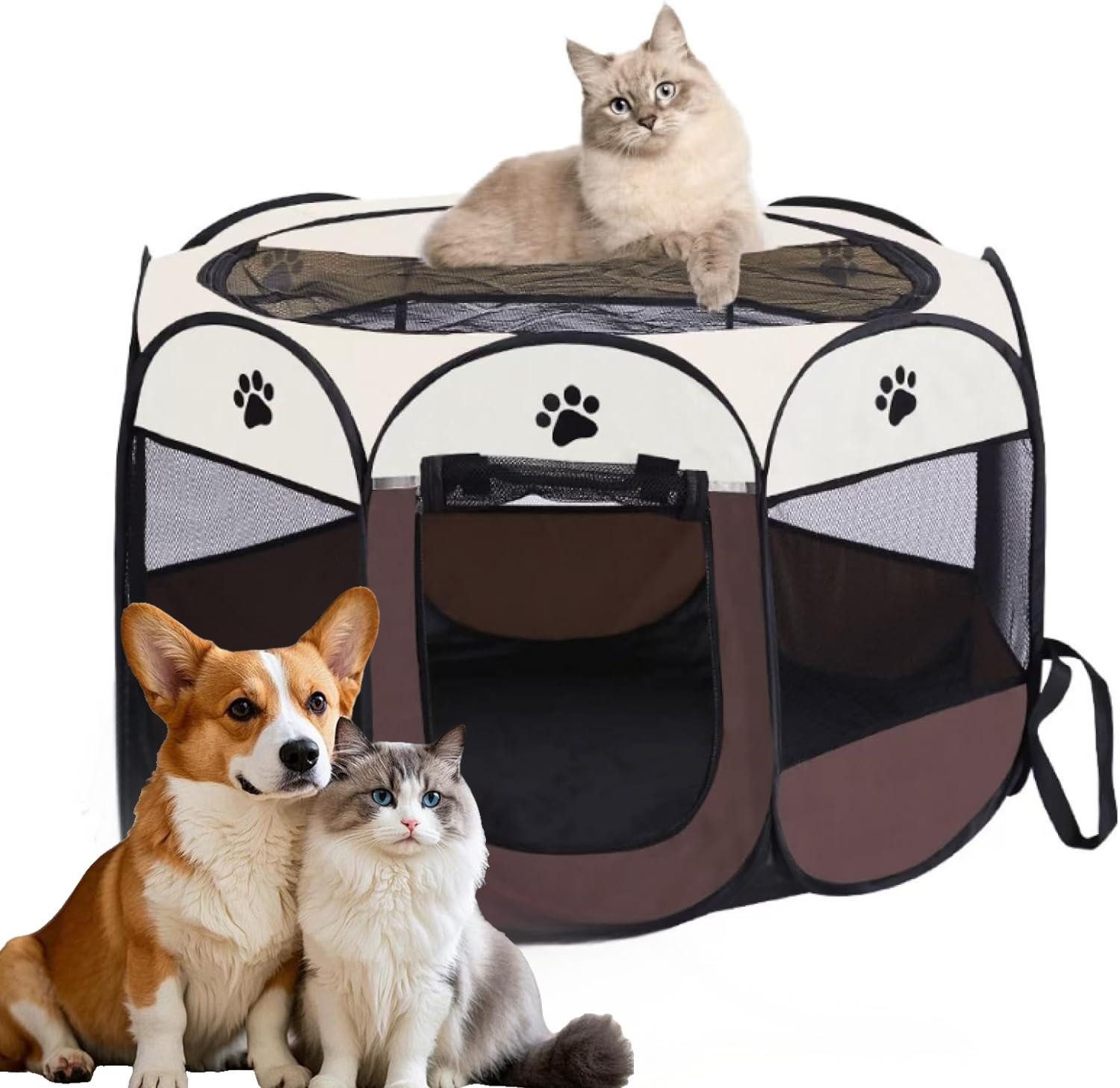 ibettertec Tierhaus Faltbarer Katzenkäfig, Haustierkäfig, Kleintier Auslauf, 91×91×58cm, für Hunde, Katzen, Hasen & Kleintiere im Innen- und Außenbereich von ibettertec