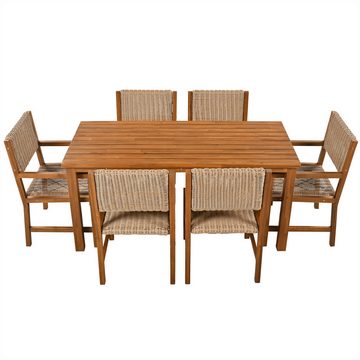 autolock Garten-Essgruppe 7-teiliges Outdoor-Esstisch-Set,Gartenmöbel-Set aus PE-Rattan, mit Tischplatte aus Akazienholz,Stuhlgestell aus Akazienholz