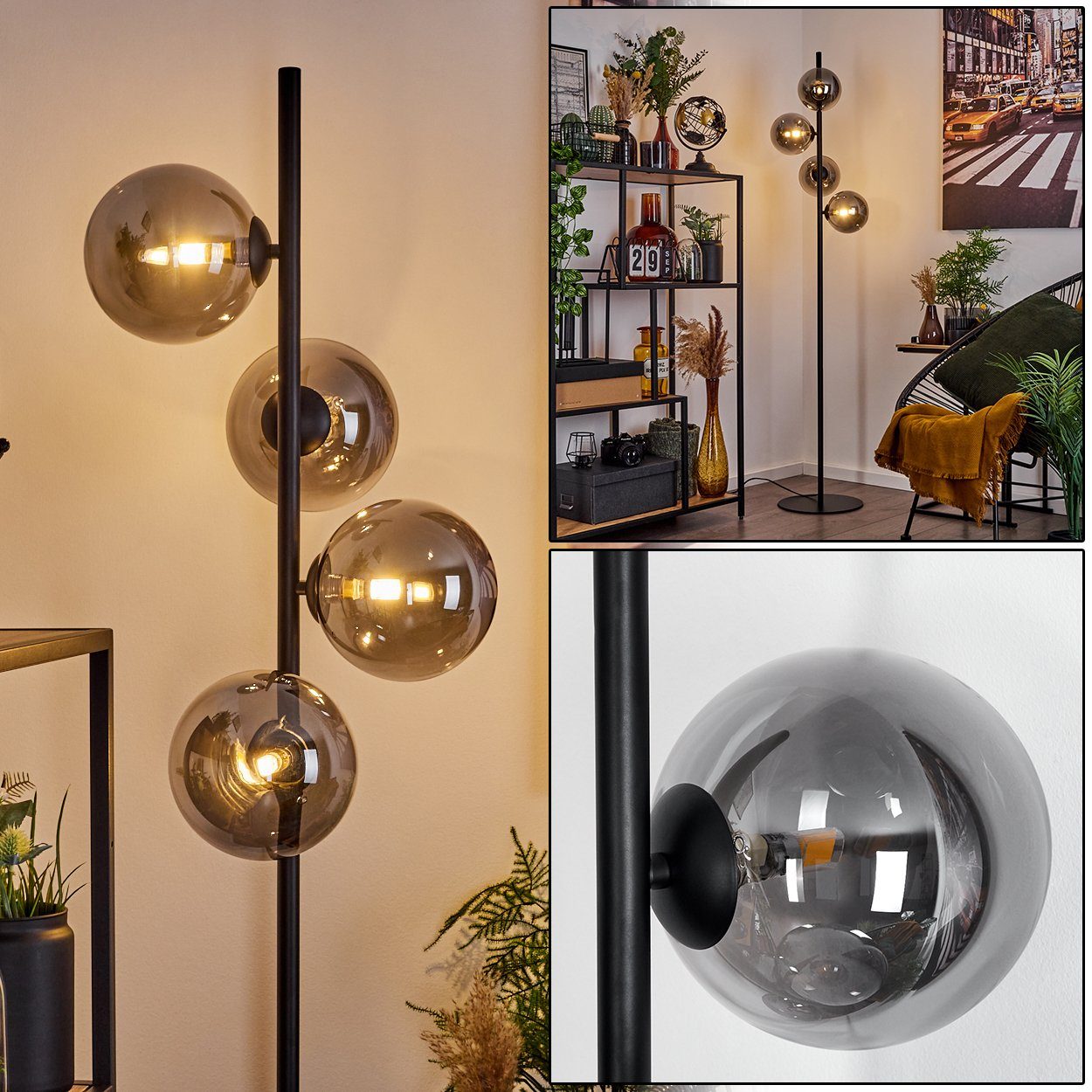 Stehlampe Leuchtmittel, Bodenlampe hofstein »Garaguso« Metall/Glas Stehlampe Schwarz/Rauchfarben, in Fußschalter, ohne mit aus moderne G9