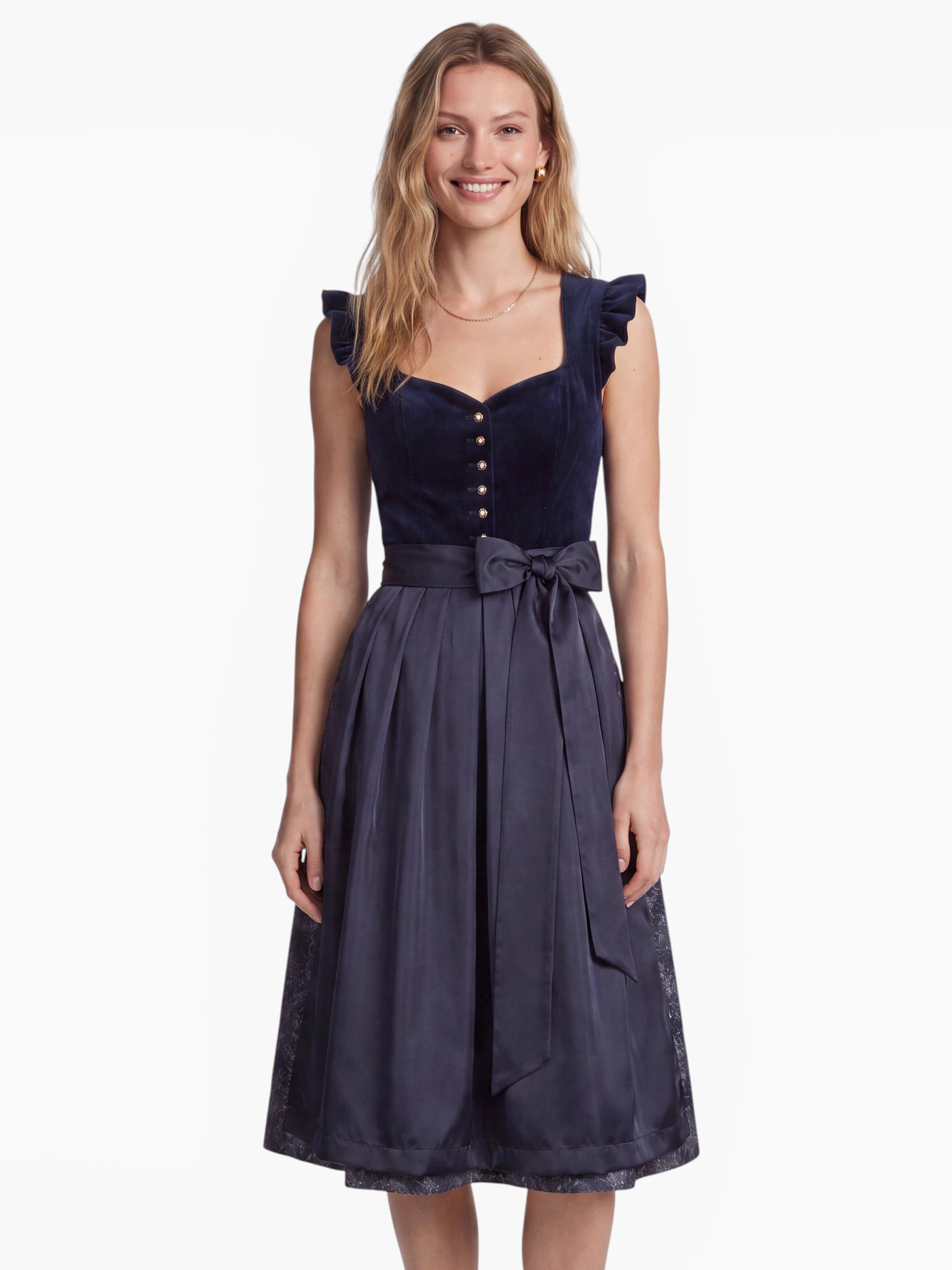 Krüger Madl Dirndl Melora Midi-Dirndl Damen Marine 70 cm mit Samtmieder und Flügelärmeln