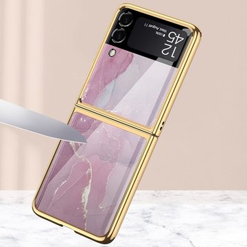 Wigento Handyhülle Für Samsung Galaxy Z Flip3 5G Electroplating Painted Glas Case Hart Cover Handy Tasche Hülle Etuis Goldener Faden