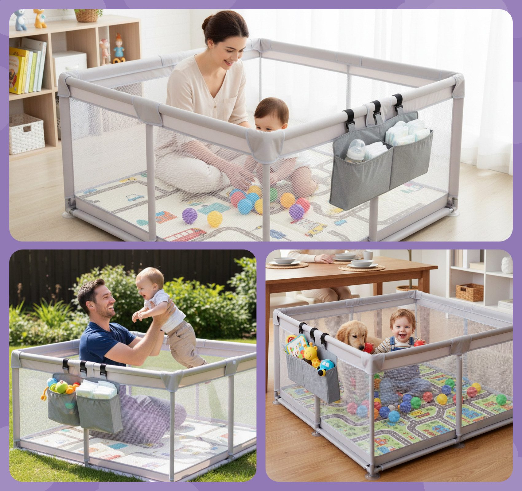 ElitVita Laufgitter Laufstall Baby mit matratze, 600D Oxford Stoff,mit Aufbewahrungstasche, Laufstall 120x120cm mit Ozeanbälle,Tragetasche,Atmungsaktivem Net – Bild 4 von 5