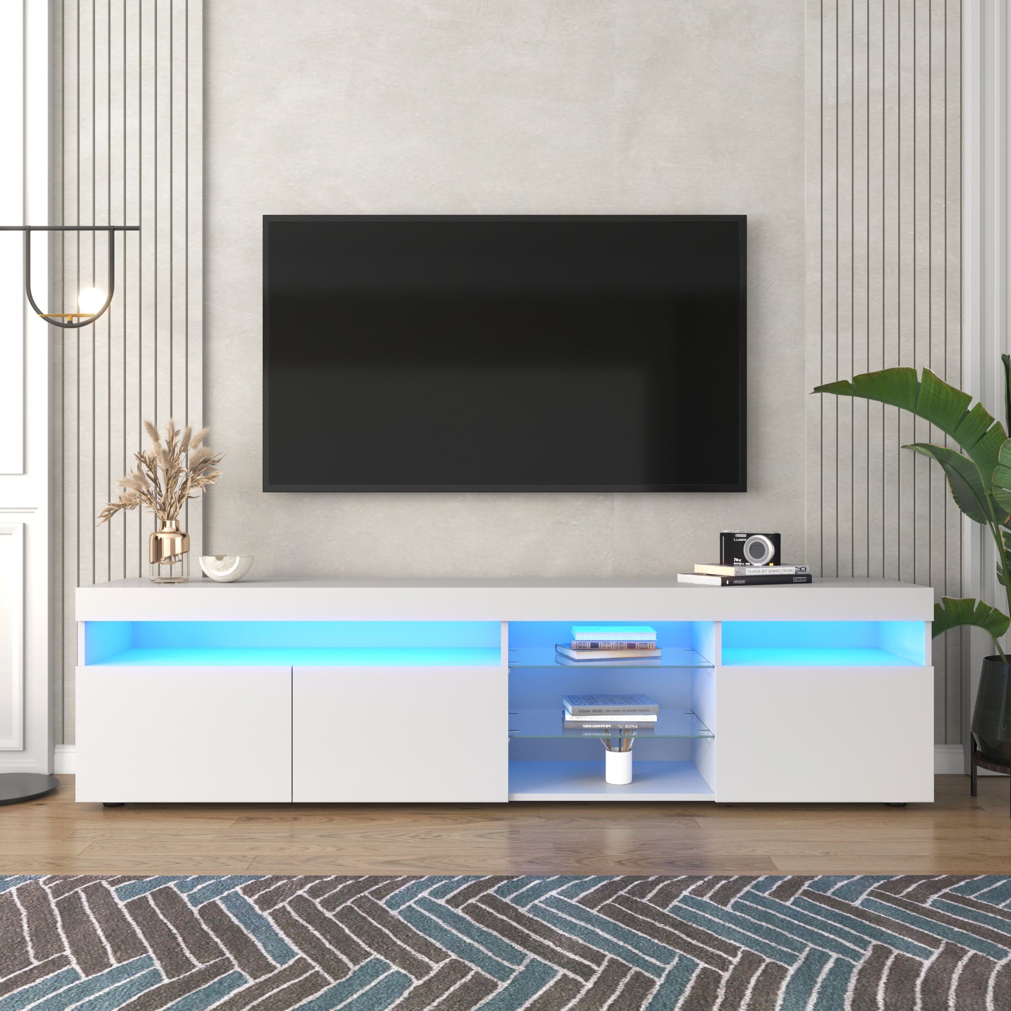 Lowboard (1 St), TV-Schrank Fernsehtisch mit 16 Led Farben Beleuchtung, Glasablage, 3 Türen, Breite 180 cm