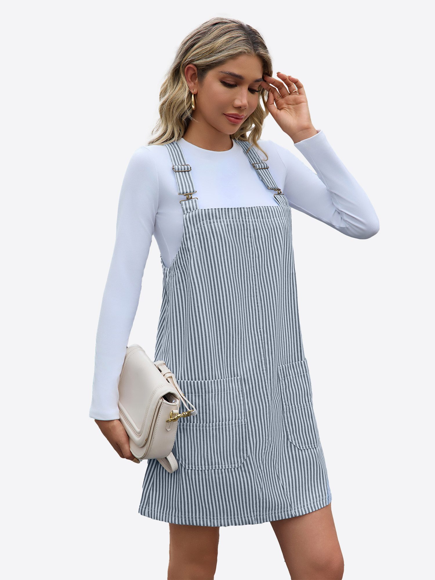 Imily Bela Jeanskleid Damen Gestreiftes Trägerkleid mit Verstellbaren Schultergurten (Packung, 1-tlg., 1per-Pack) Eingrifftaschen – Bild 4 von 5