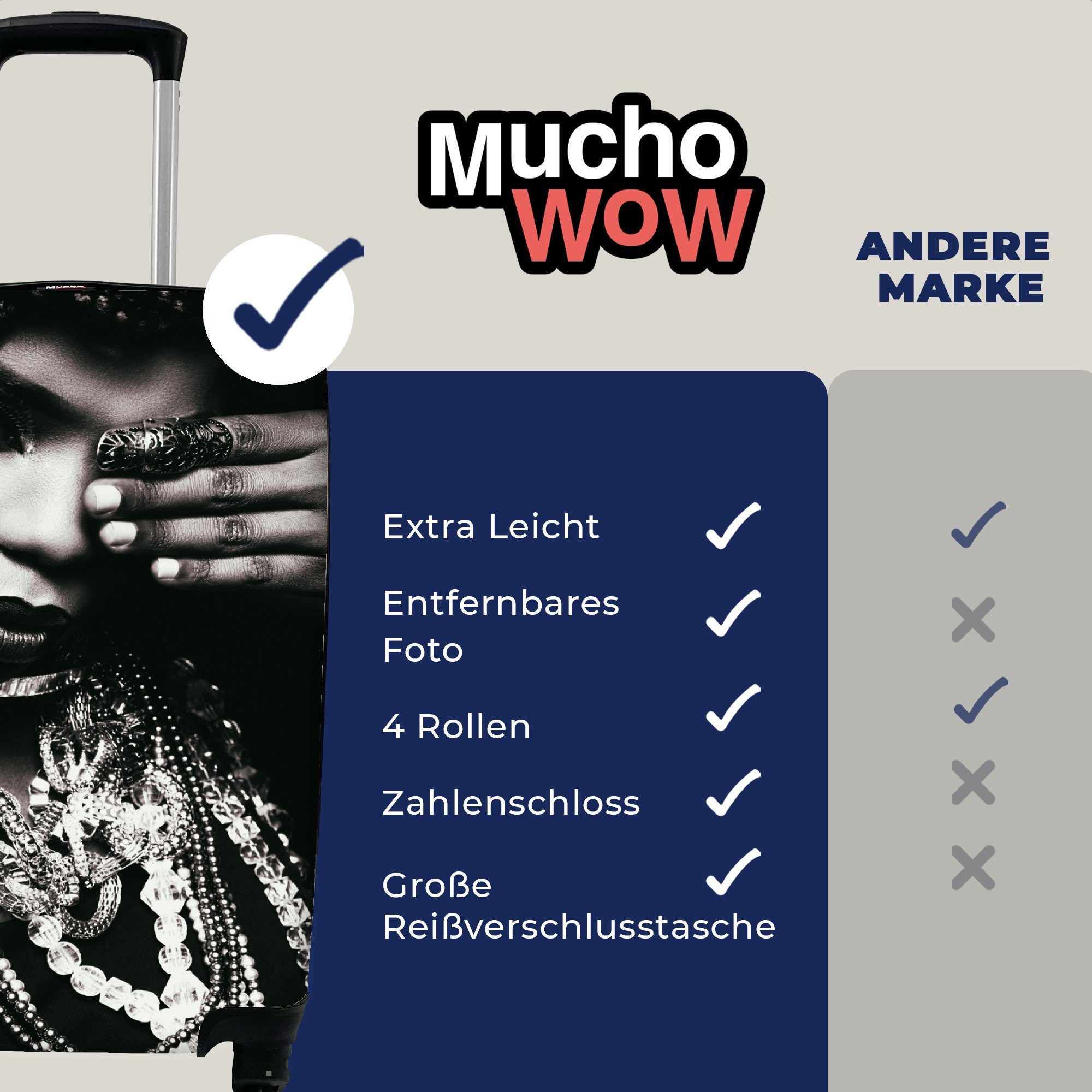 MuchoWow Handgepäckkoffer 4 Reisekoffer Weiß Ring - Handgepäck für Make - Rollen, - Ferien, Trolley, rollen, Frau mit Schmuck Reisetasche Kette, - - Schwarz - up