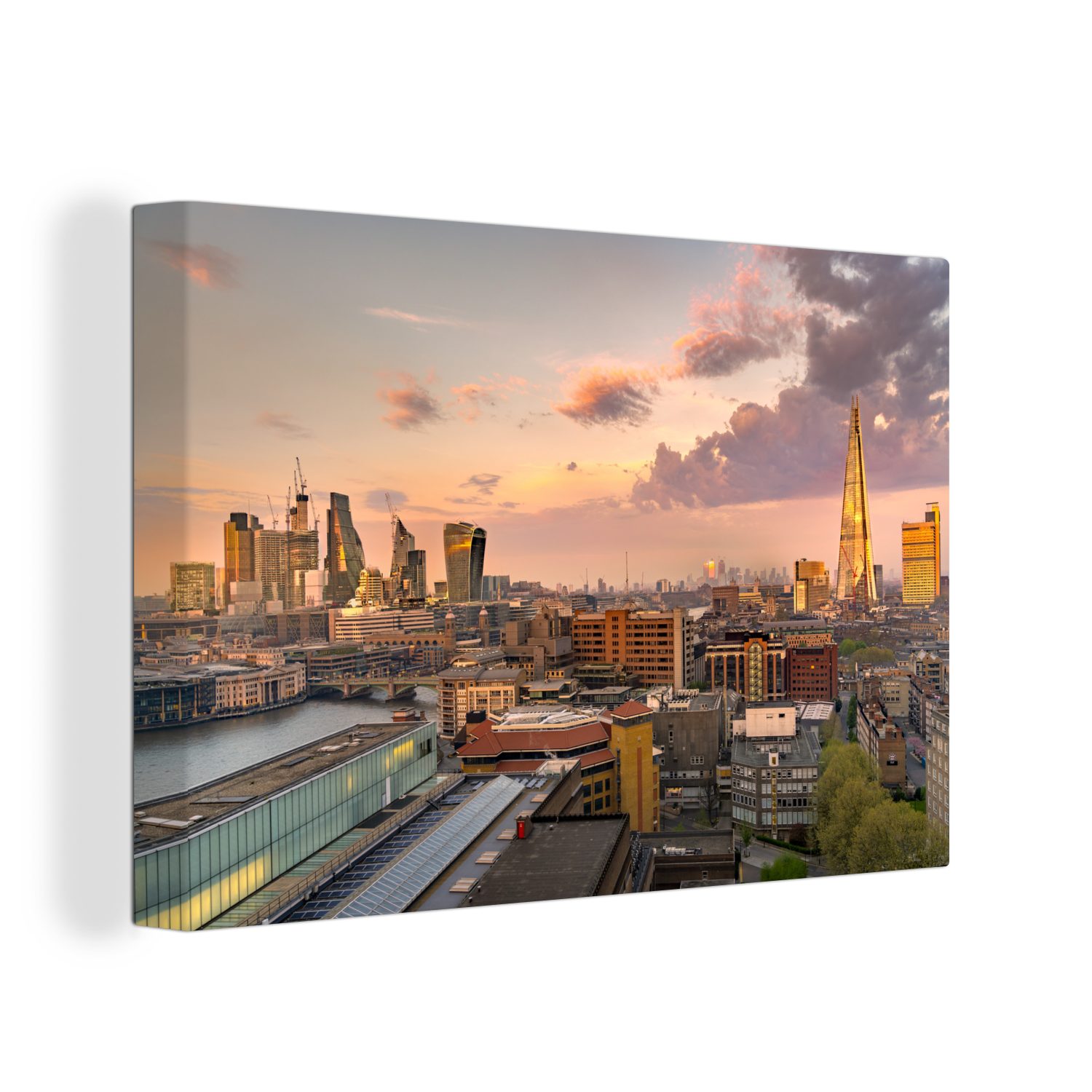 Wandbild Die von cm Skyline 30x20 St), (1 Aufhängefertig, OneMillionCanvasses® Leinwandbilder, Vordergrund, Leinwandbild Bridge Millennium London Wanddeko, im der mit
