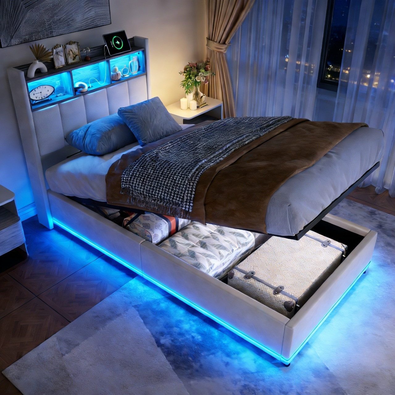 Gdood Polsterbett Stauraumbett mit LED Beleuchtung und Ladefunktion 90x200 cm (1-tlg., Modernes Jugendbett, Leises Design Bett), Jugendbett Hydraulisches Stauraumbett