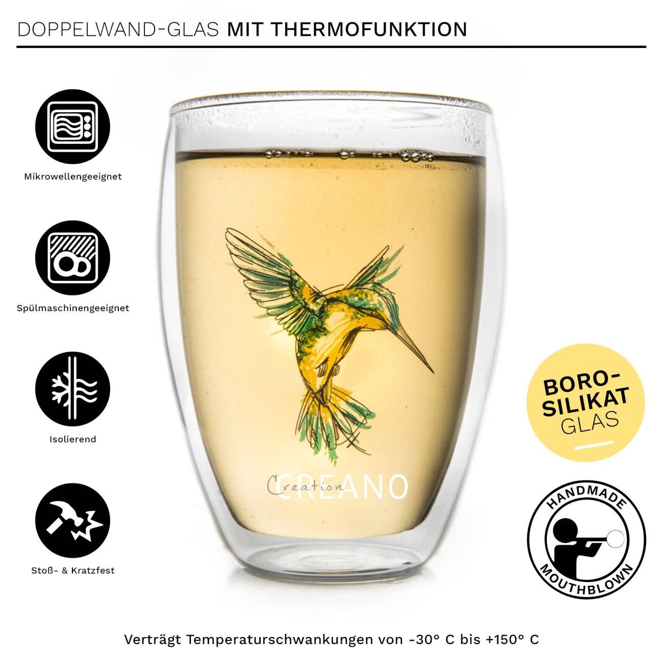 Creano Teeglas 2er-Set Thermo-Glas Hummi in blau/grün, 250ml, Borosilikatglas, 2 Gläser