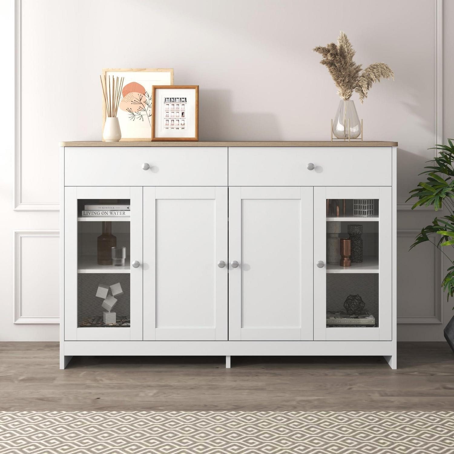 LuxusKollektion Sideboard Sideboard Holzmaserung 2 Glastüren 2 Schubladen style-C Weiß