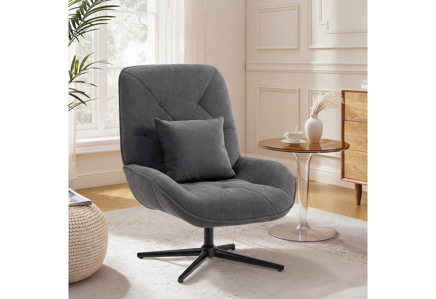 HOMCOM Relaxsessel Sessel drehbar mit Lendenkissen, Polstersessel mit Chenille-Optik (Loungesessel, 1-St., Polsterstuhl), für Wohnzimmer, Schlafzimmer, Dunkelgrau
