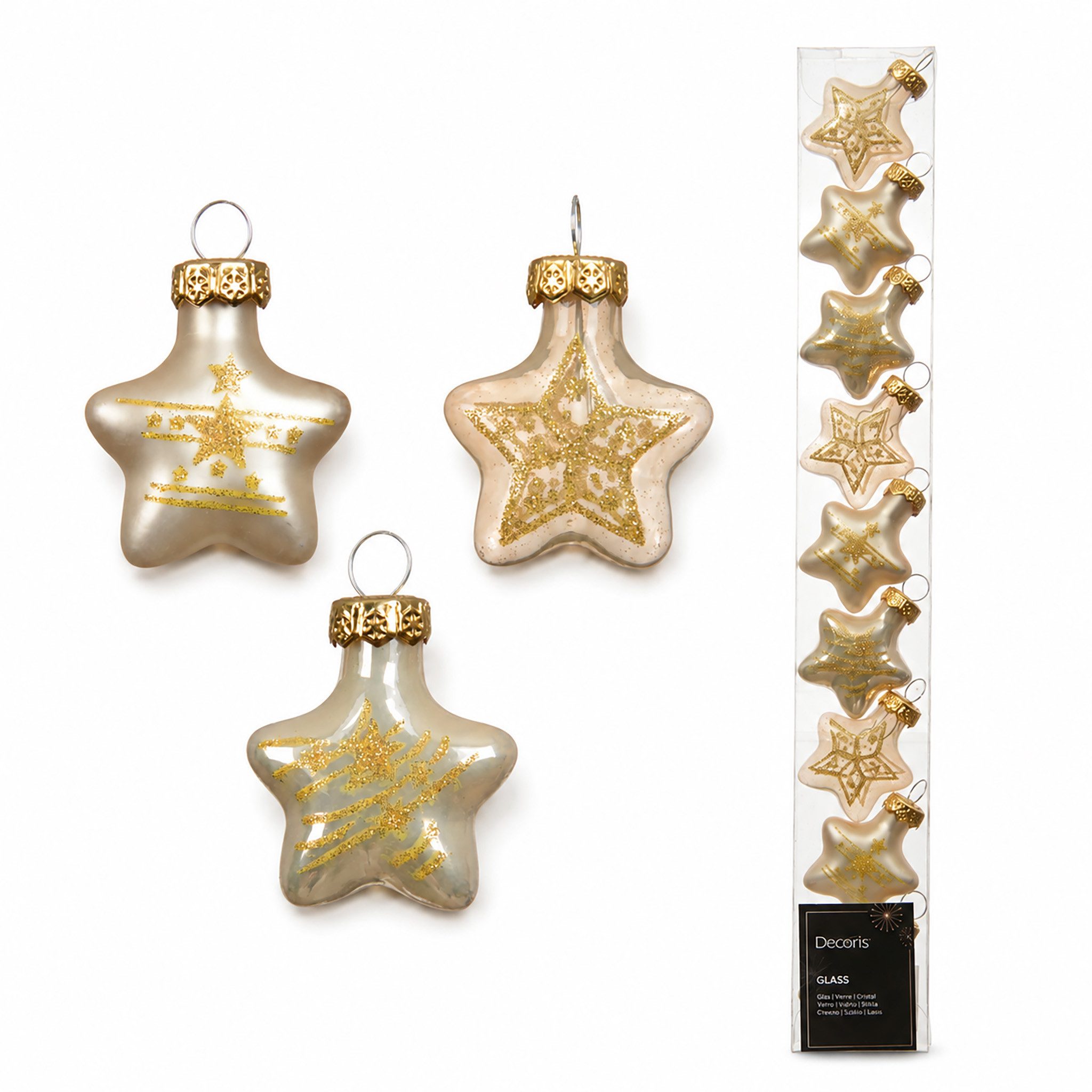 Kaemingk Weihnachtsbaumkugel, Christbaumschmuck Sterne Mix 3cm Glas 9er Set - Perle