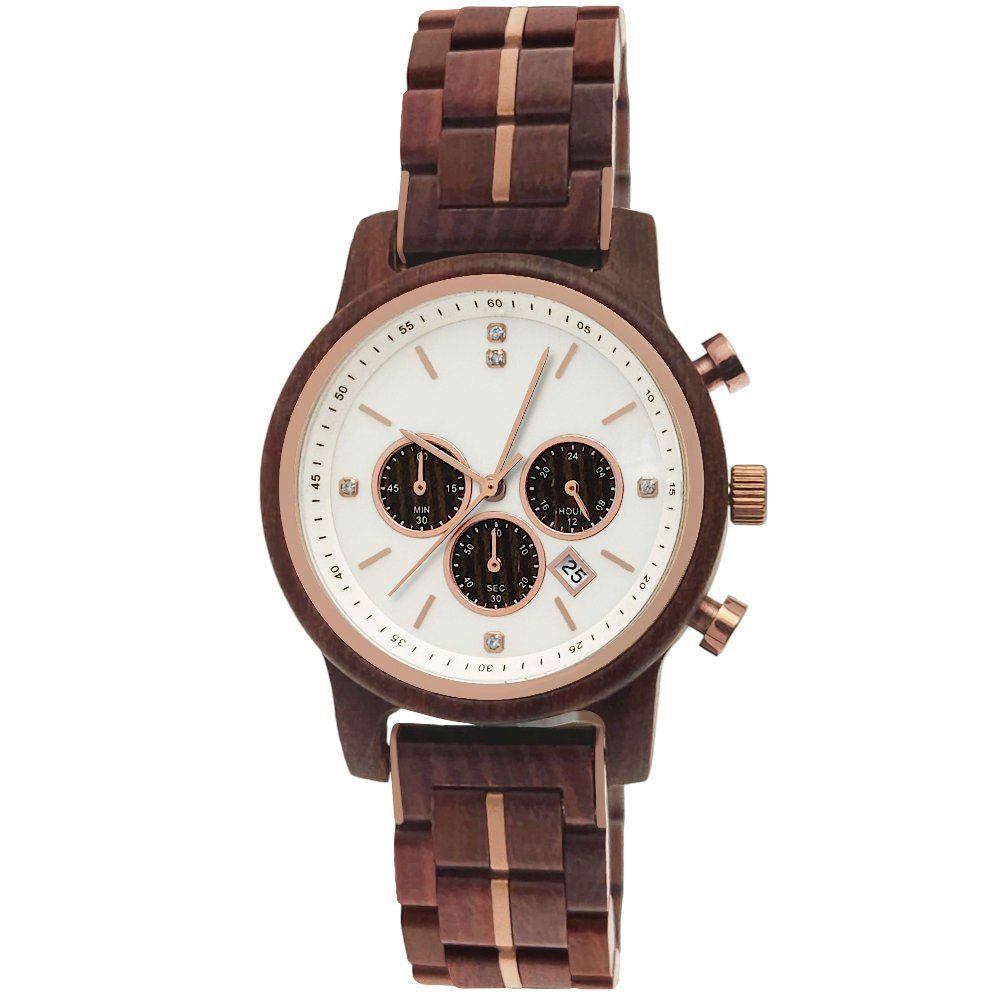 Holzwerk Chronograph ROSENAU kleine Damen Braun Gold, Uhr Datum, Holz mit Rose weiß Armband