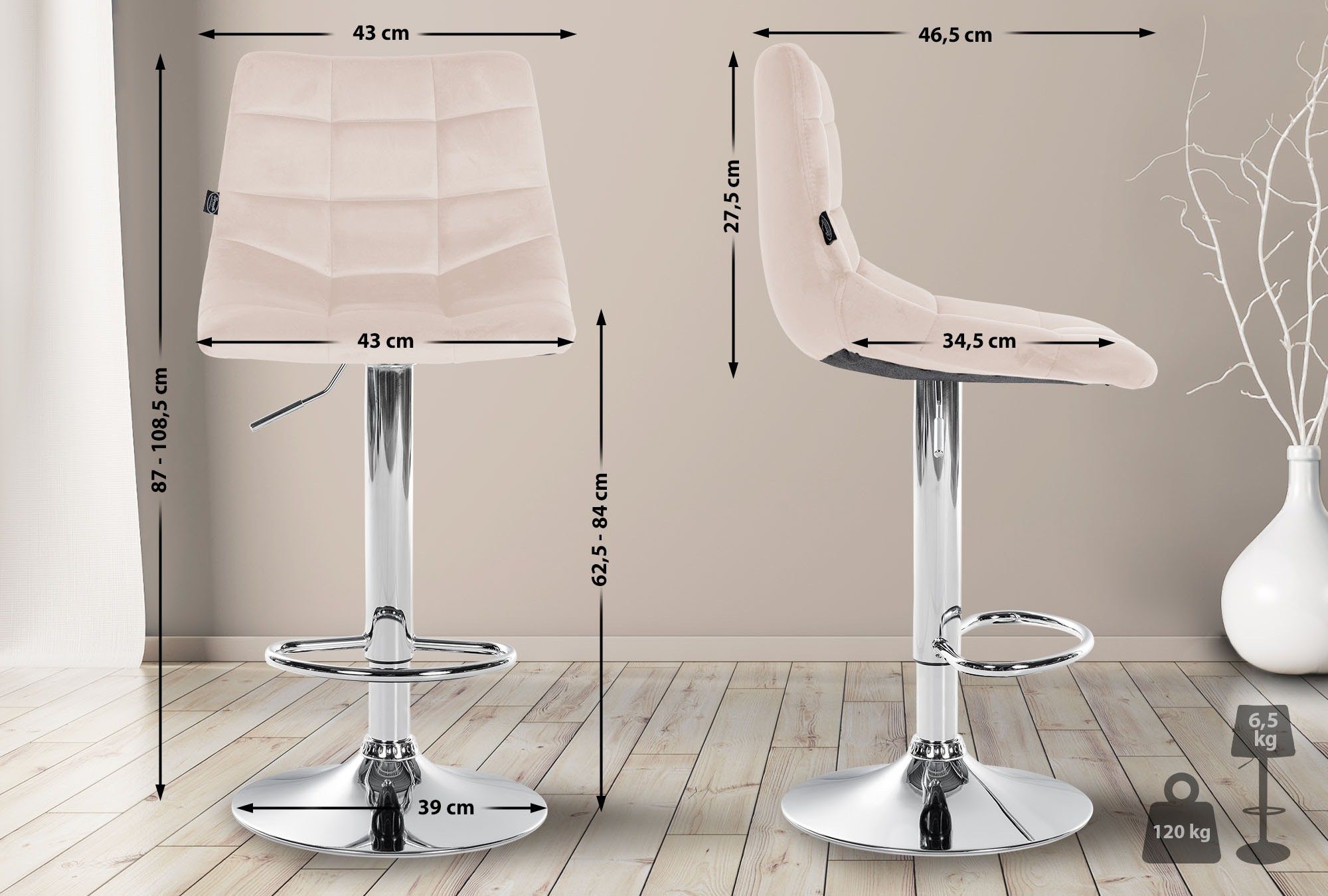 CLP Barhocker Jerry Samt, höhenverstellbarer Barstuhl 360°