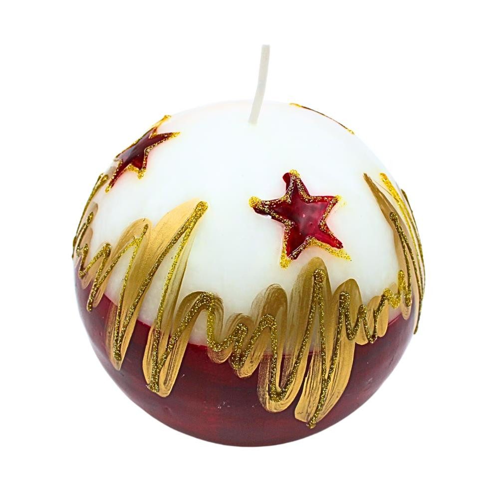 Dekohelden24 Formkerze Edle Kugelkerze, Tischkerze, Dekokerze, Wachskerze mit Weihnachtsmotiv, Weihnachtskerze als Kugel 10 cm Christstern, in weiß, rot und gold.