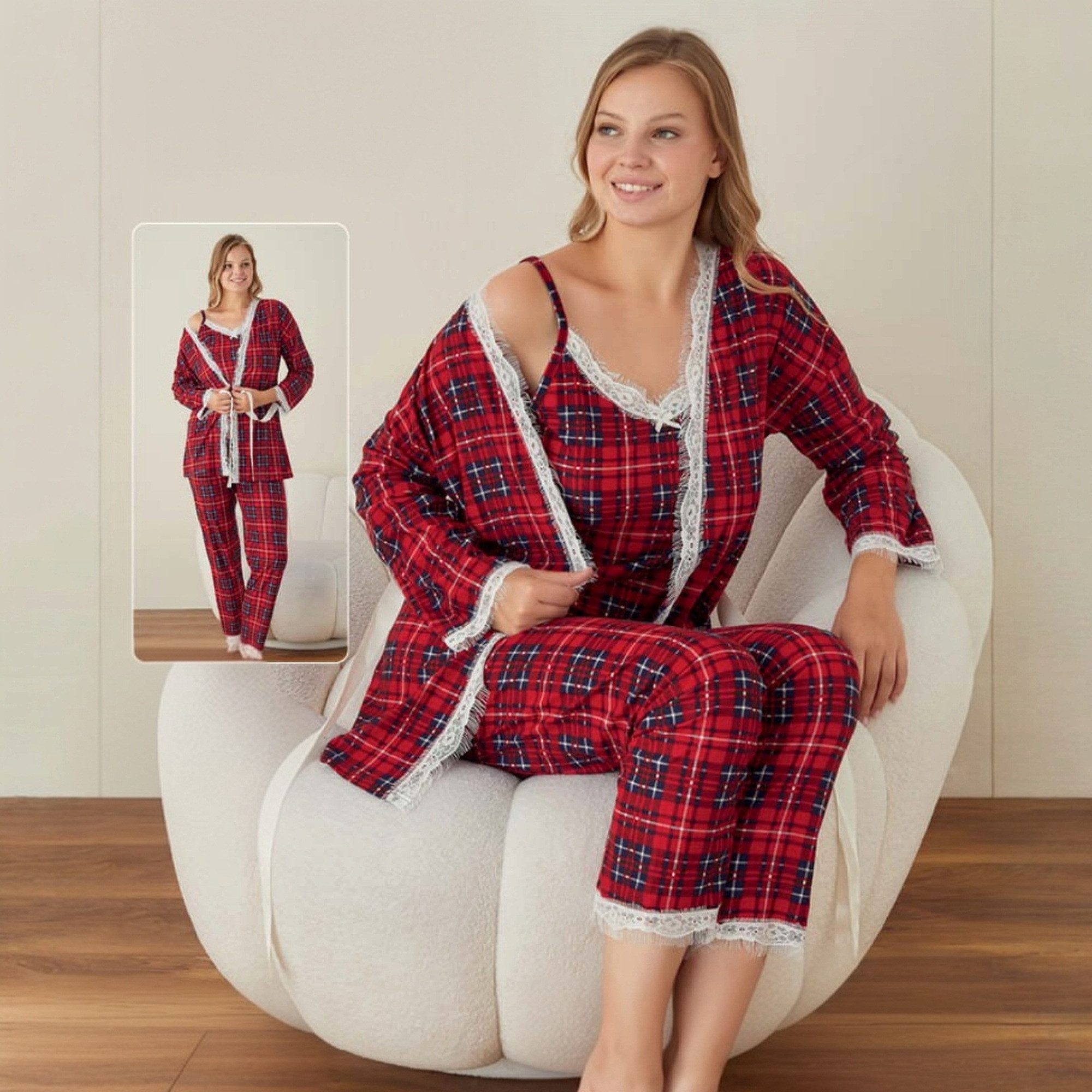 fashionshowcase Hausanzug Damen 3-teilig mit Spitze - Schlafanzug Pyjama Set Kariert & Gepunktet (3-teiliges Set (Top, Hose, Morgenmantel) Elegante Spitzenakzente