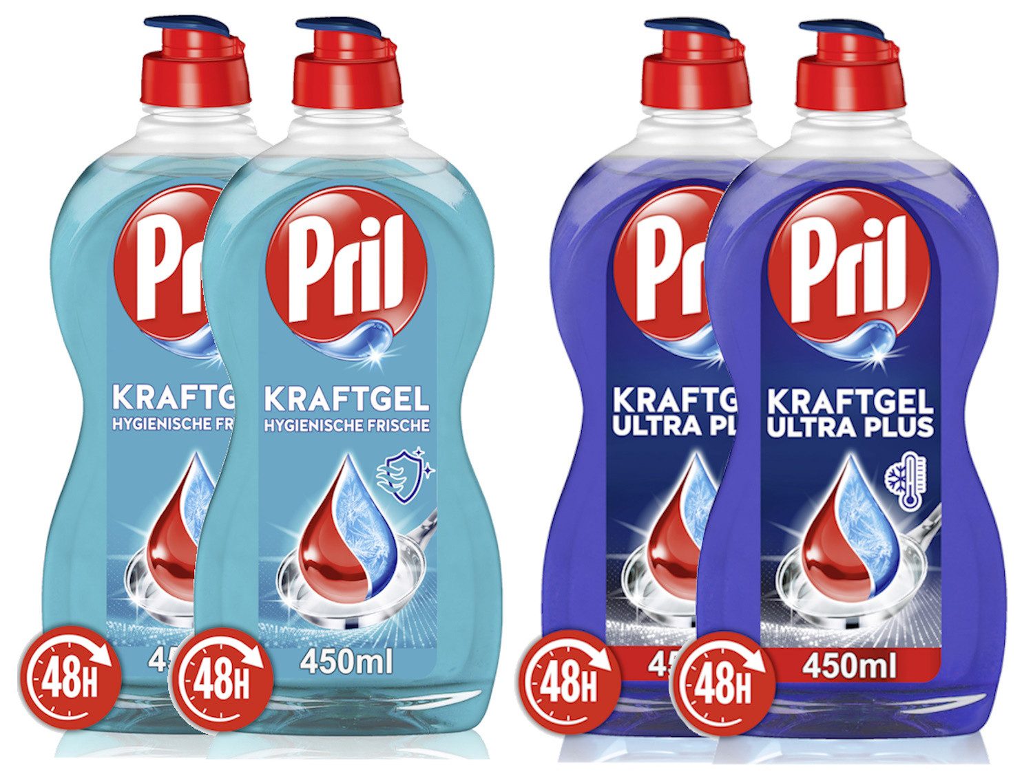 PRIL Kraftgel Geschirrspülmittel (Spar-Pack, [4-St. 4x 450ml 2x Ultra Plus & 2x Hygienische Frische)