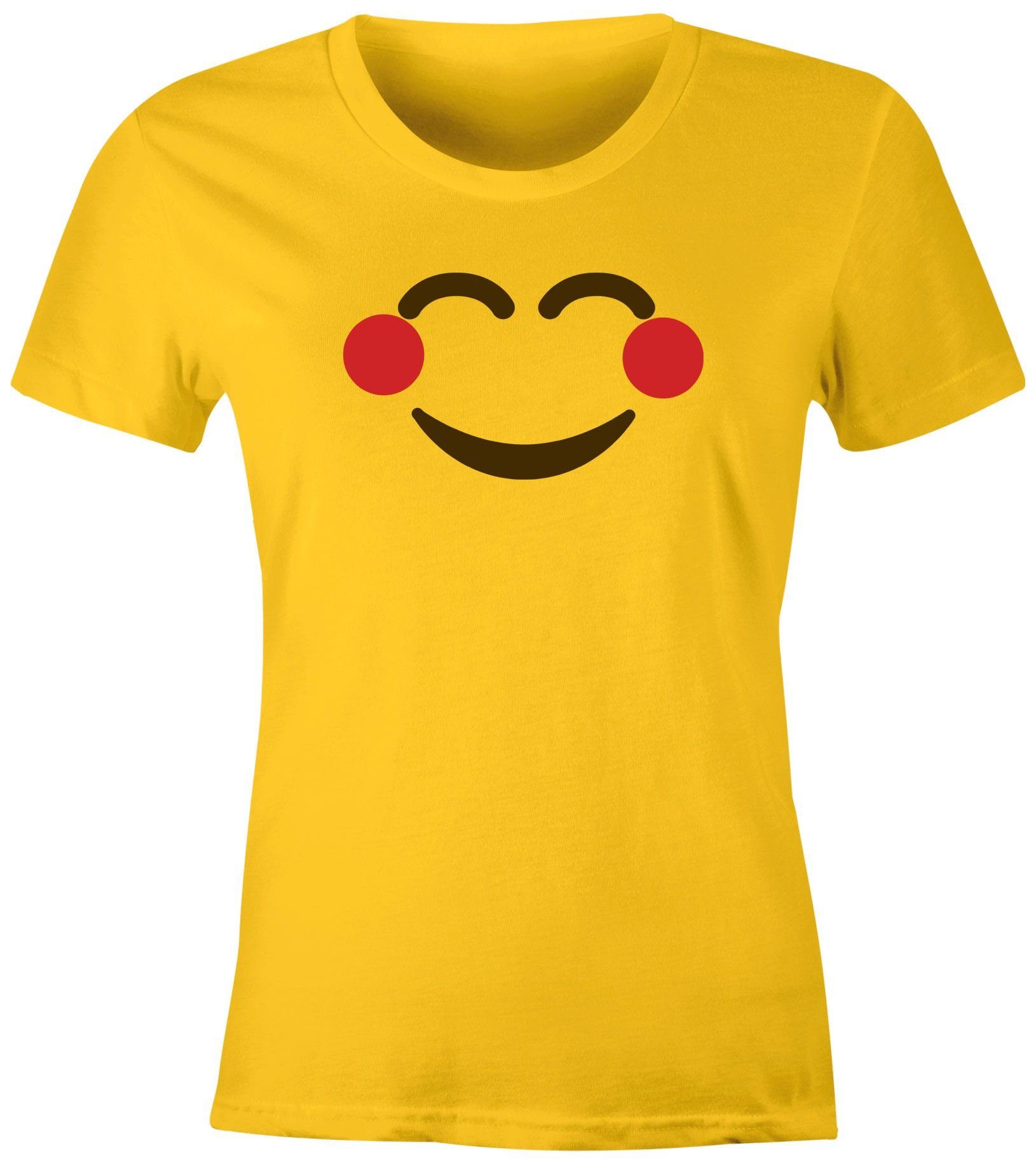 MoonWorks Print-Shirt Damen T-Shirt Emoticon Gruppenkostüm Fasching Karneval Junggesellenabschied JGA lustig Fun-Shirt Moonworks® mit Print Lächeln gelb