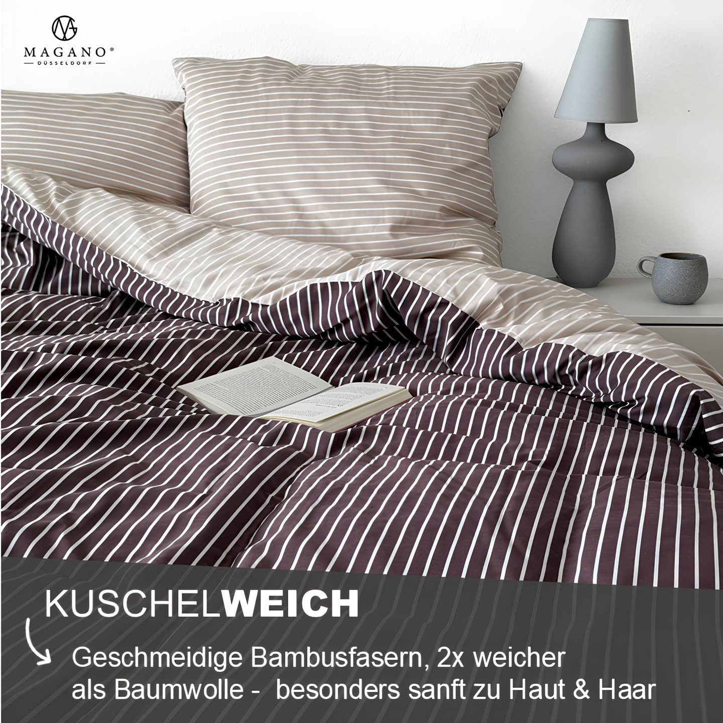 MAGANO Spannbettlaken, Luxus Streifen Bettlaken aus Bambus & Baumwolle Satin, Gummizug: rundum, 400 TC Luxusqualität, Hypoallergen, Thermoregulierend