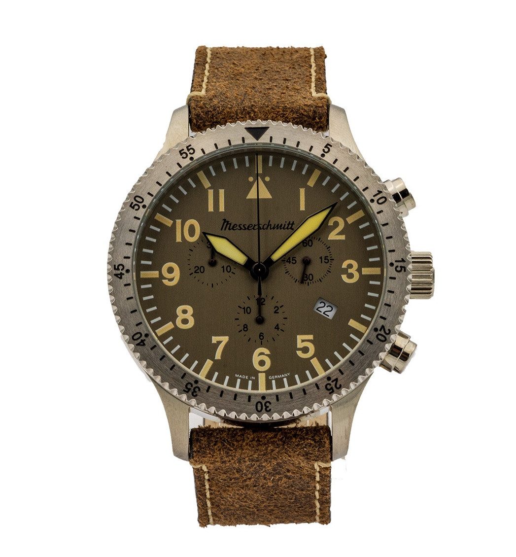 Messerschmitt Quarzuhr ME-5030ALU, Chronograph - Herren Fliegeruhr im Vintage-Stil, Lederband - Eleganz mit alu-farbenem Ziffernblatt - Made in Germany