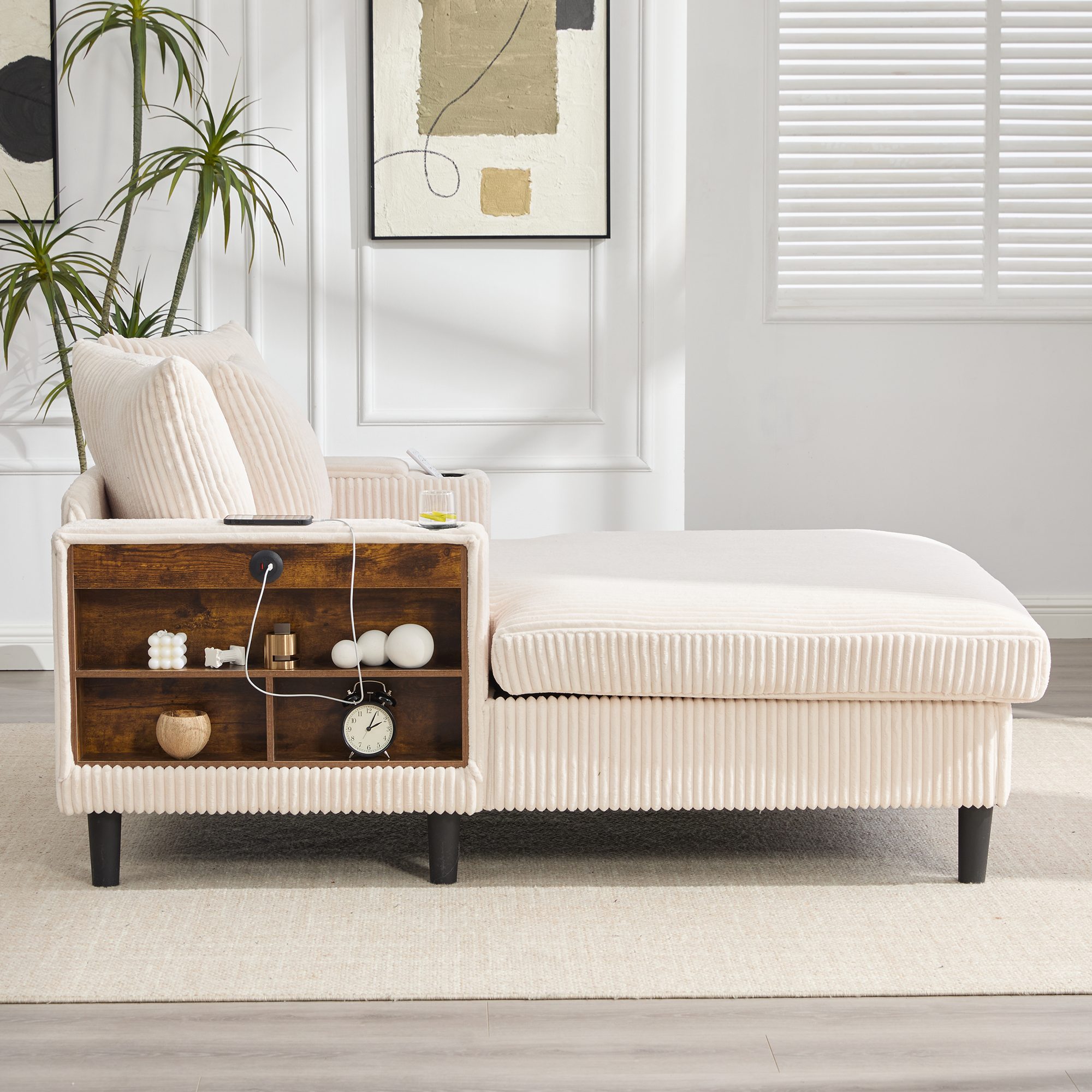 OKWISH Sofa Schlafsofa Loungesofa, mit Chaiselongue und großer Liegefläche, inkl. LED-Beleuchtung, USB-Ladeport, beidseitigen Becherhaltern & Stauraum, Wohnsofa mit Seitentasche und stabilen Füßen