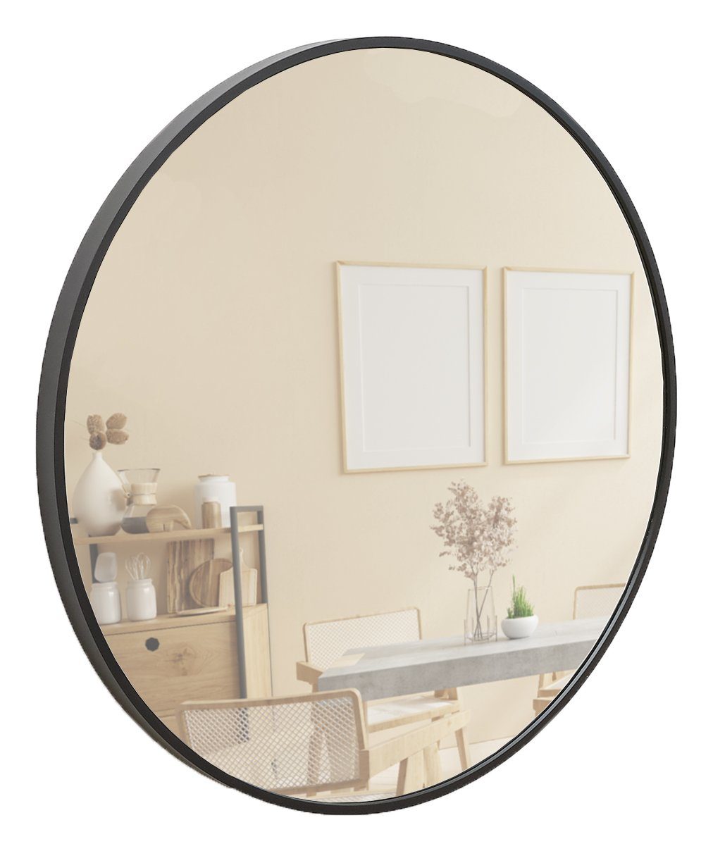 Terra Home Wandspiegel Spiegel rund 60x60 Schminkspiegel Metallrahmen (schwarz, Badezimmerspiegel Flurspiegel), inklusive Schrauben und Dübel schwarz | schwarz