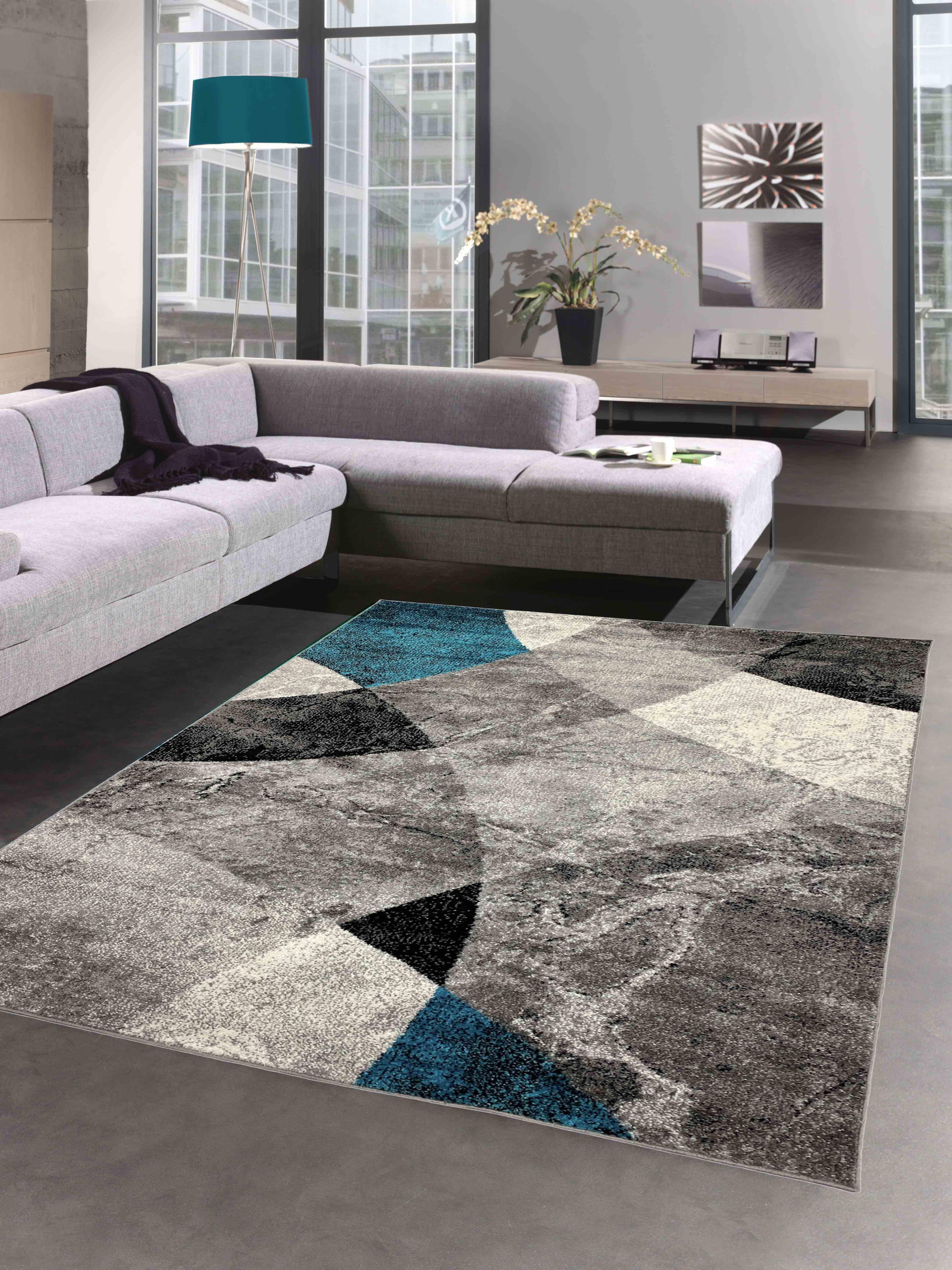pflegeleicht, mit - Design in Abstrakter 8 mm Wohnzimmer rechteckig, Höhe: Wellen modernem Teppich Carpetia, grau Rauten marmorierten Teppich blau