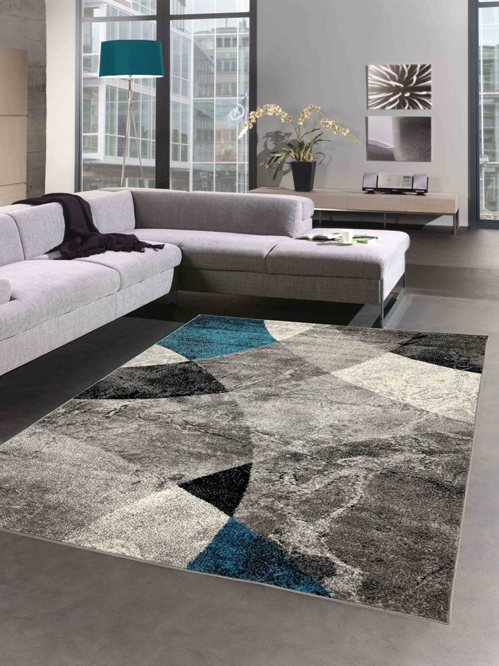 Teppich Abstrakter Wohnzimmer Teppich mit modernem marmorierten Wellen  Rauten Design in grau blau - pflegeleicht, Carpetia, rechteckig, Höhe: 8 mm