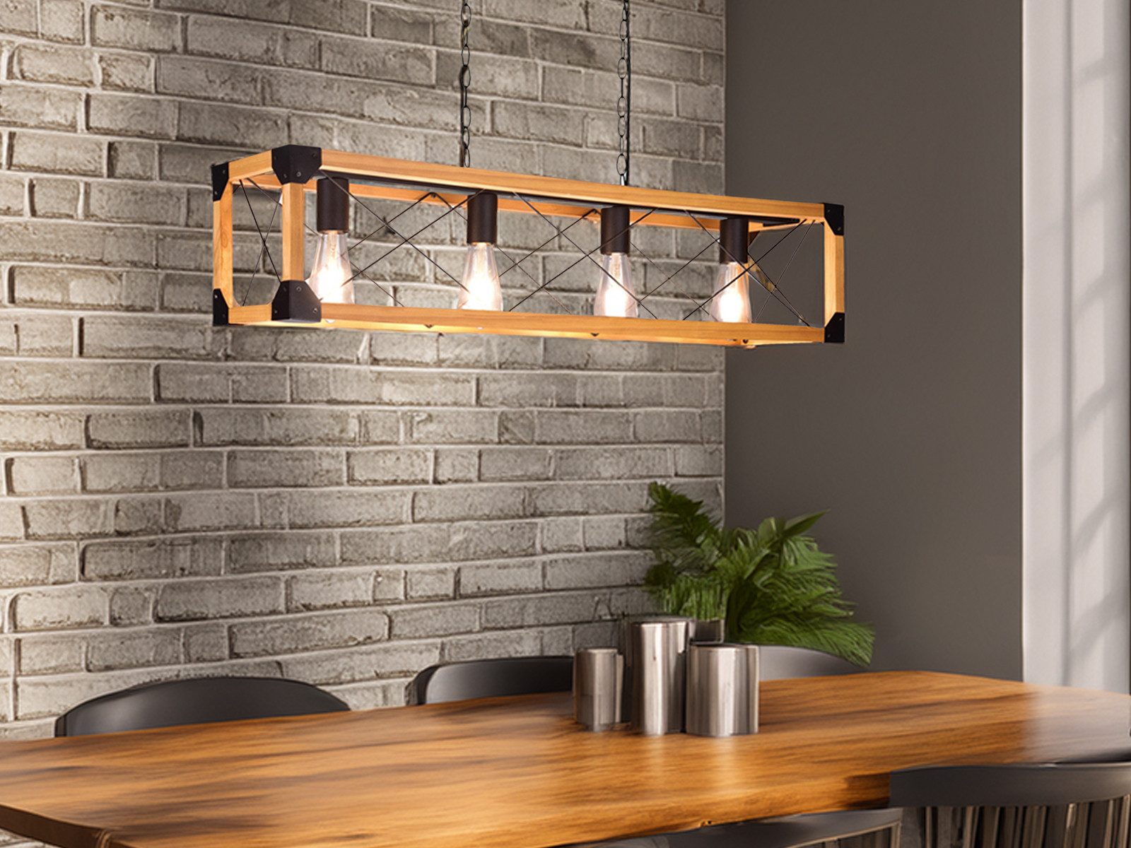 TRIO Leuchten LED Pendelleuchte, LED wechselbar, Warmweiß, Holz-Balken Holzlampe Esstisch-Lampe hängend über Kücheninsel B: 100cm