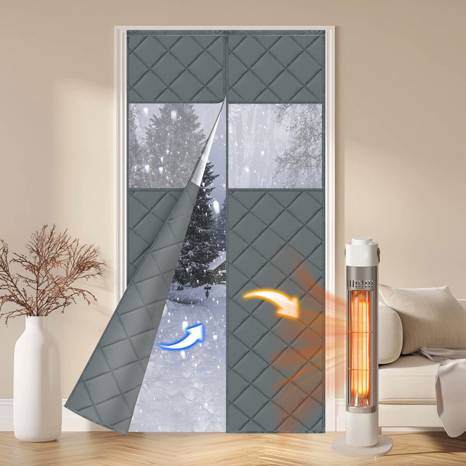 Rosnek Türvorhang Thermo Türvorhang mit Magnet, wärmeisolierend, wind- & kälteschützend, Gesteppt & selbstklebend, mit Sichtfenster, Größe 90x210 cm, 420 gsm